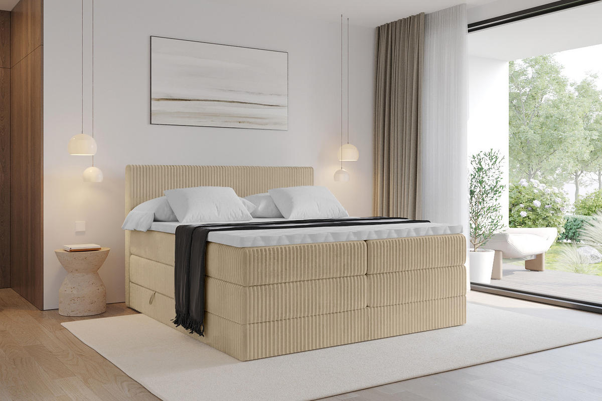 BOXSPRINGBETT mit Matratze H3|H4 und Lattenrost - TOLO KING 140x200 Cord - Beige - Beige, Holzwerkstoff (140/200cm) - ALTDECOR