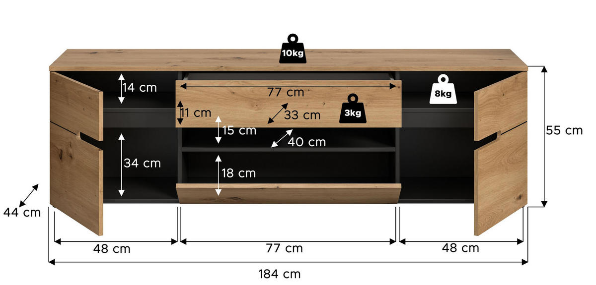 TV Lowboard CANU (B/H/T: ca. 184/55/44 cm) in Basalt grau/Artisan Nachbildung - Grau, Holzwerkstoff (184/55/44cm)