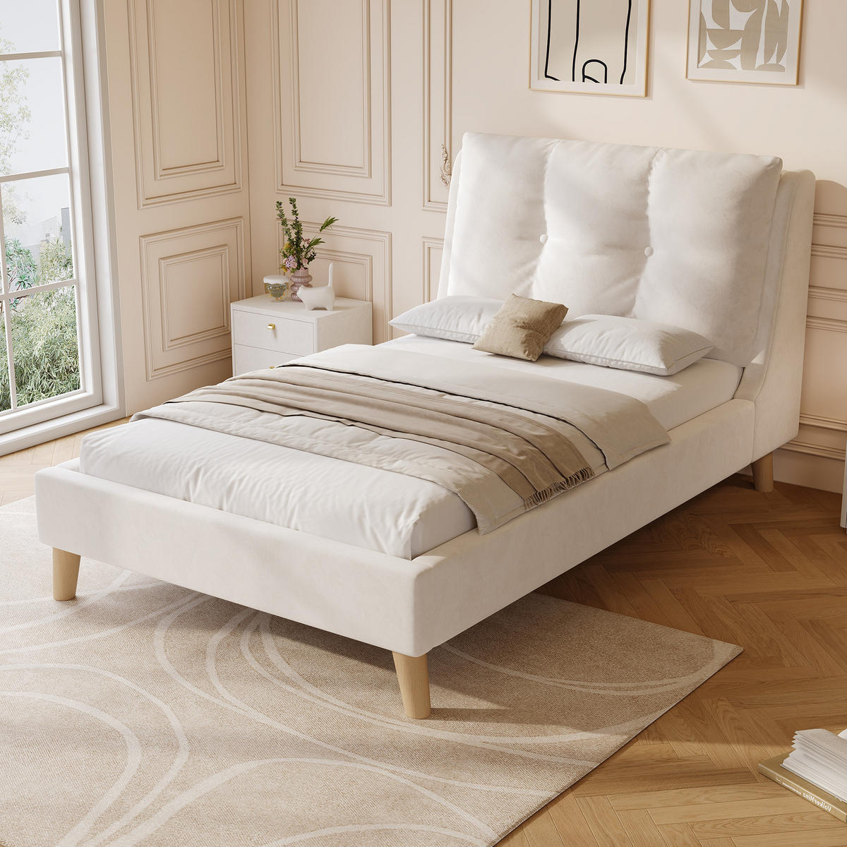 POLSTERBETT 90/200 cm beige aus Samt mit höhenverstellbarem Kopfteil - Beige, Textil (90/200cm) - OKWISH