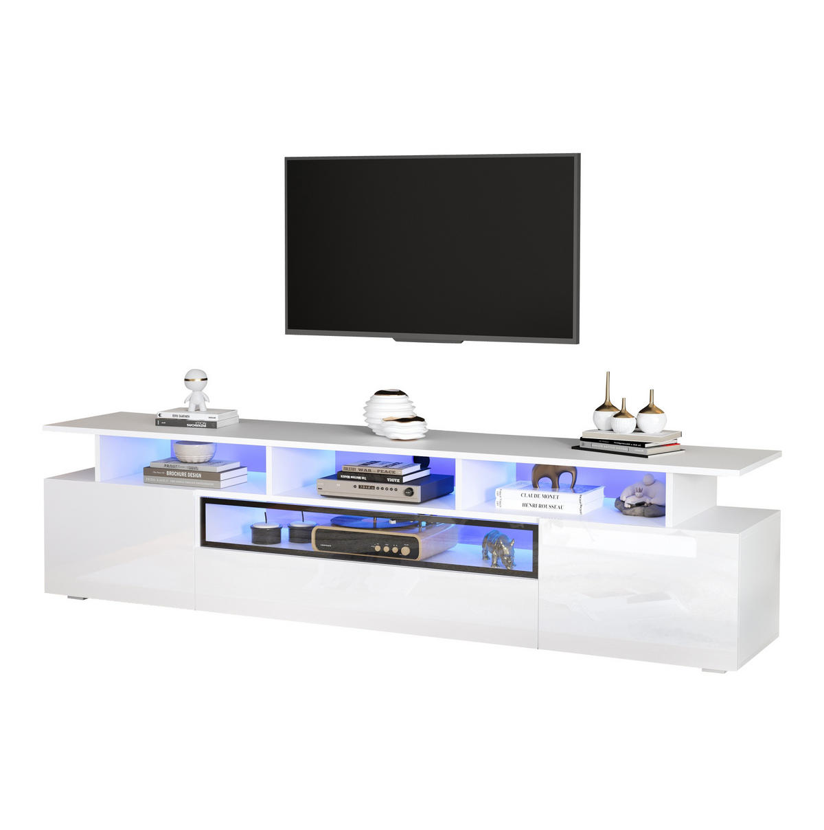 NÍZKA komoda 180/38/45 cm biely lesk s LED osvetlením a 2 skrinkami - biela, kompozitné drevo (180/45/38cm) - BEAOK
