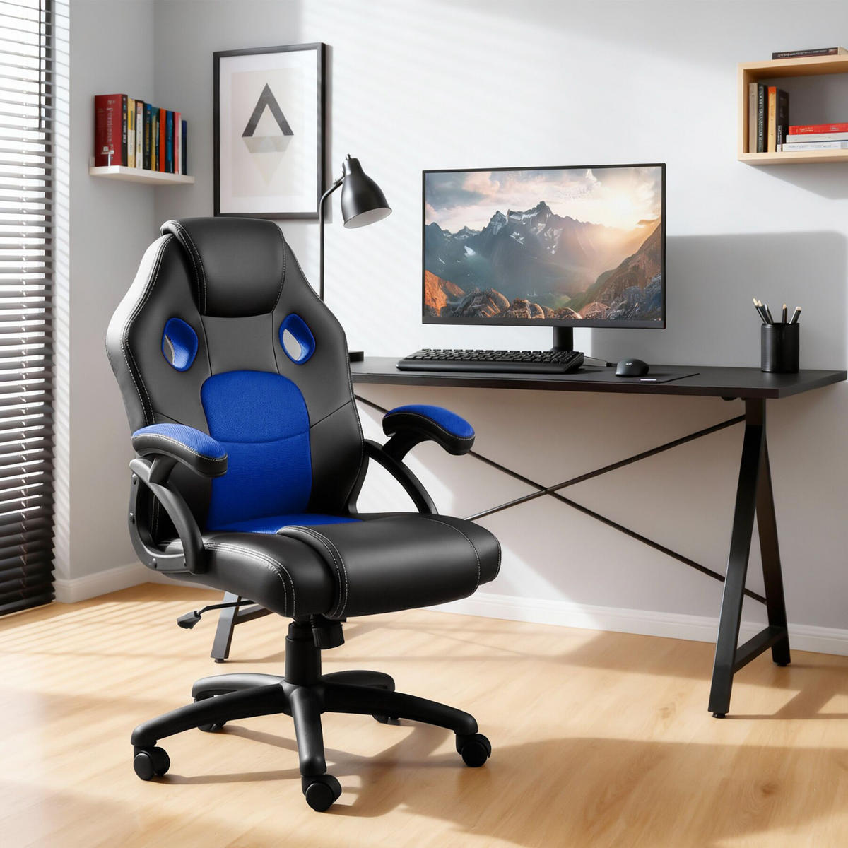 BÜROSTUHL Mike, stufenlos höhenverstellbar, schwarz/blau - Blau/Schwarz, Leder (68/114.5/69cm) - tectake