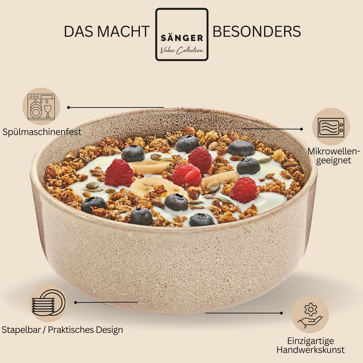 SCHALEN SET KAIRO MOCHA - 4 teilig aus Steingut - Beige, Keramik (26.5cm) - Sänger