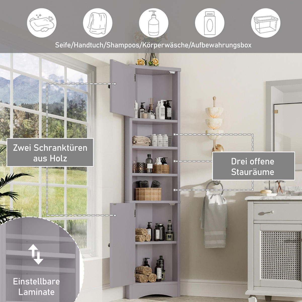 ECKSCHRANK 36.5x24.5x170cm in Grau, mit 2 Türen & verstellbaren Regalen - Grau, Holzwerkstoff (24.5/170/36.5cm) - Modfu