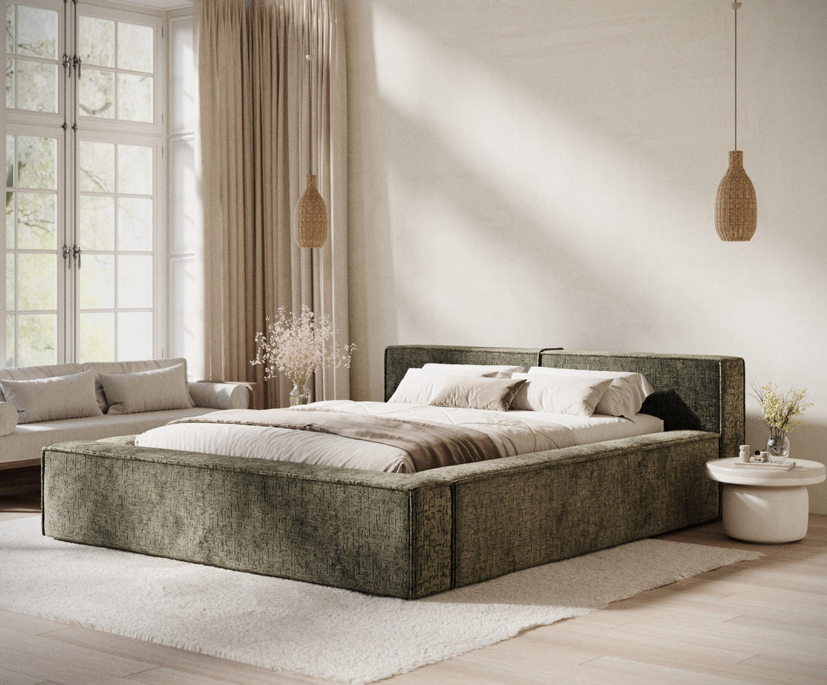 POLSTERBETT Voliera Olivgrün 180/200 cm im Chenille-Stoff - Birkefarben/Schwarz, Holz/Holzwerkstoff (180/200cm) - Maison de Reve