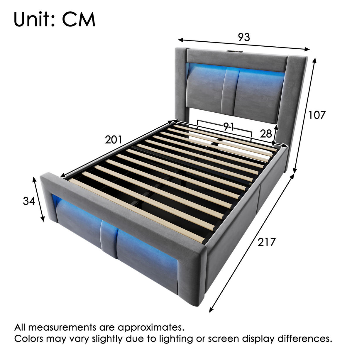 POLSTERBETT 90/200 cm Grau aus Samt mit Stauraum und LED mit Matratze - Grau, Textil (90/200cm) - OKWISH