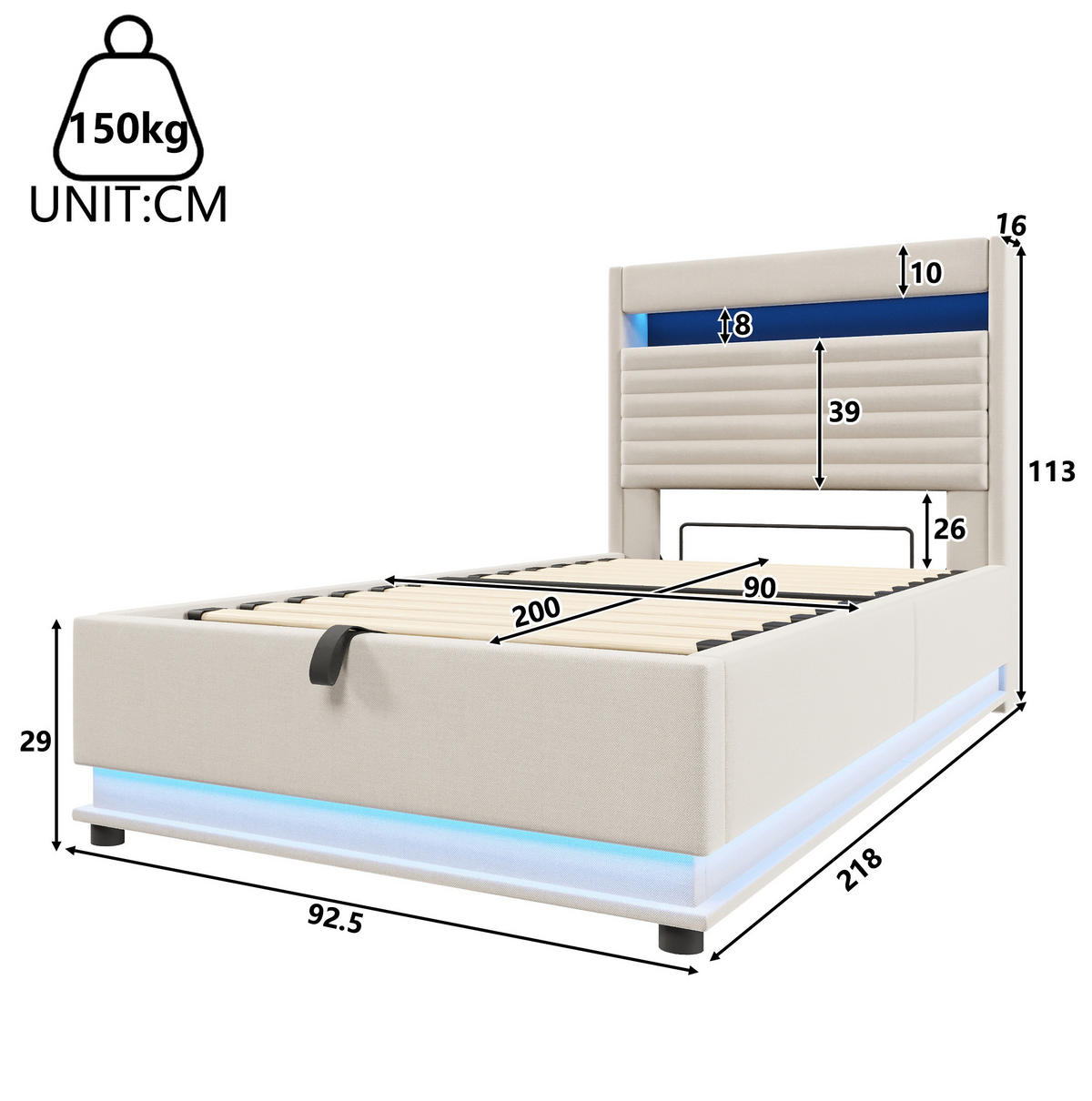 POLSTERBETT 90/200 cm mit LED-Beleuchtung, USB- und Typ-C-Anschluss, hydraulischem Stauraum aus Leinen, Beige - Beige, Textil (90/200cm) - Redom
