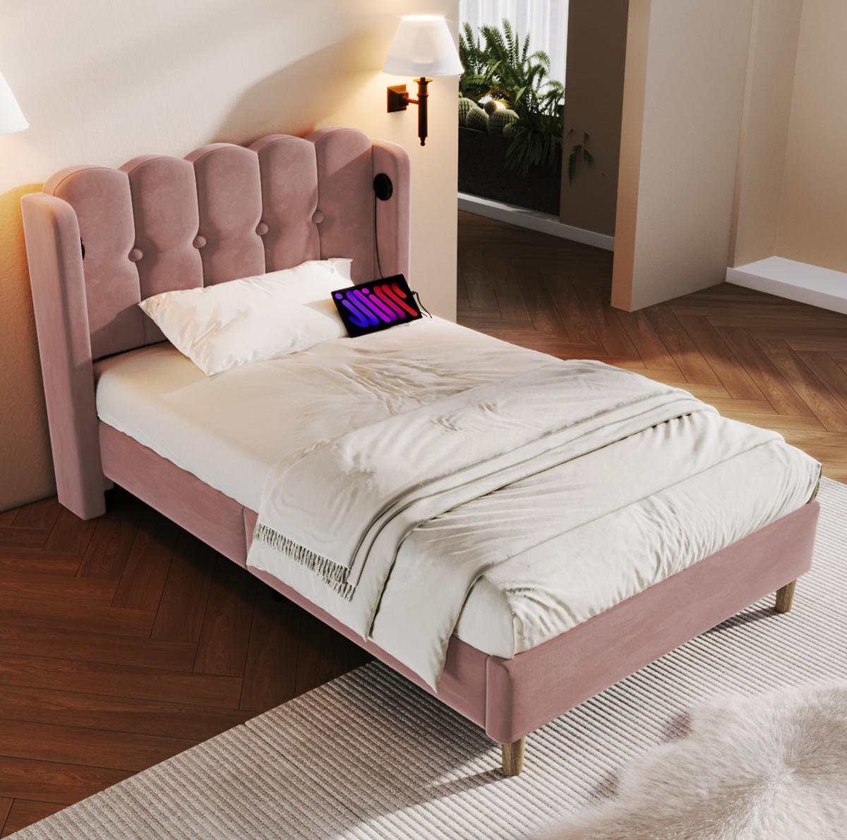 POLSTERBETT 90/200 cm in Rosa aus Samt mit USB- und Type-C-Anschlüssen - Rosa, Textil (90/200cm) - Flora Grace