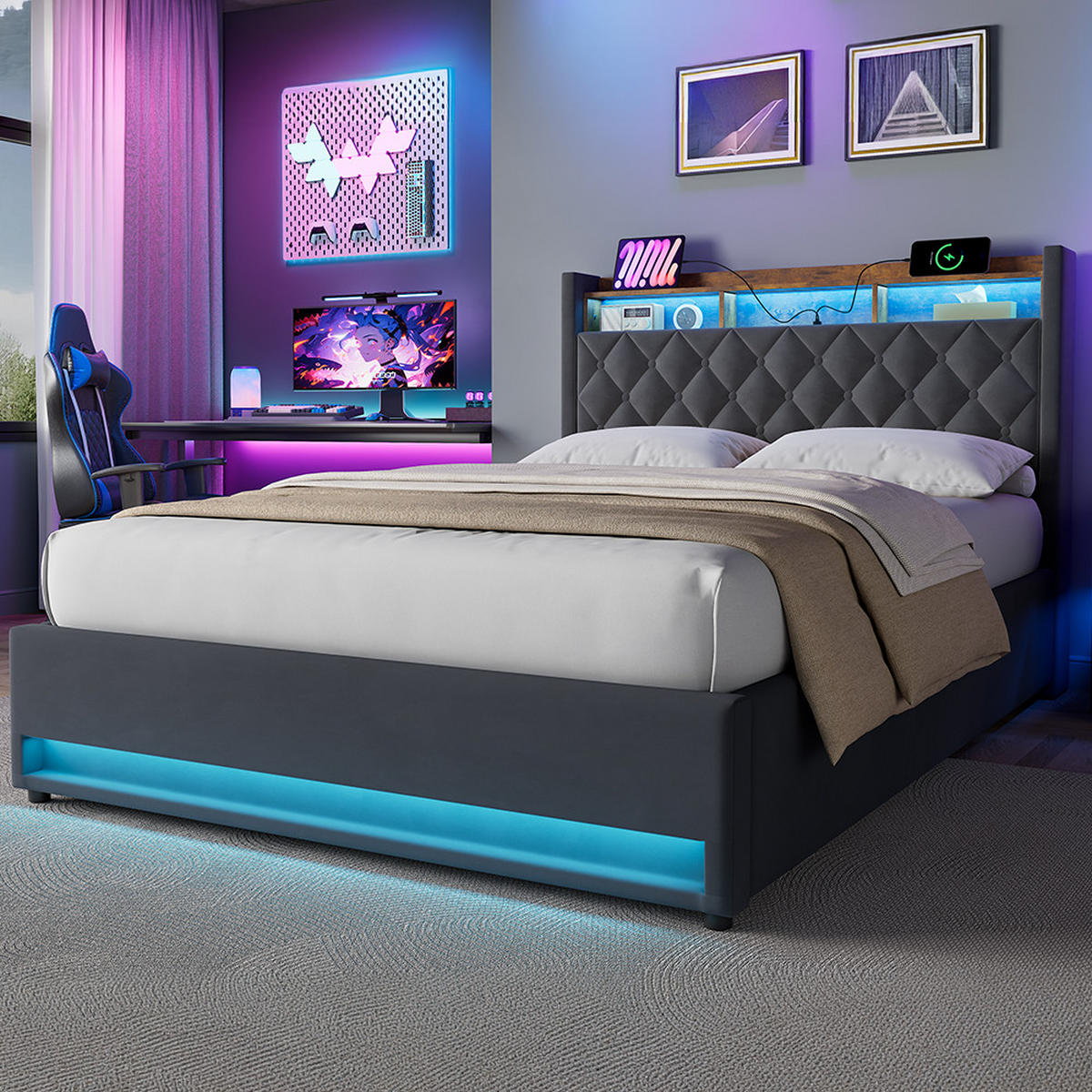 POLSTERBETT 140/200 cm mit Bettkasten und Steckdose Boxspringbett mit USB und LED-Licht Stauraumbett ohne Matratze - Grau, Holzwerkstoff/Textil (140/200cm) - STILVORA