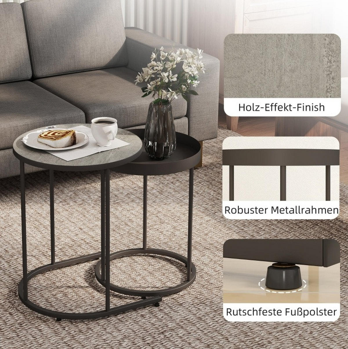 COUCHTISCH-SET 2-teilig 42/36,5 cm mit Ablagekante in Grau/Schwarz - Grau, Metall (42/42/54cm) - BEAOK