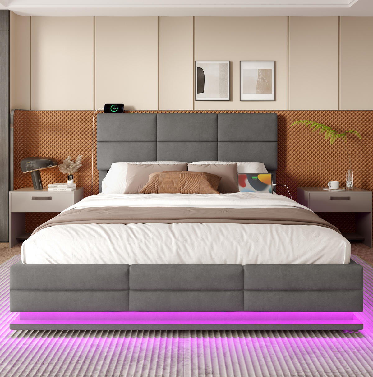 POLSTERBETT 160/200 cm dunkelgrau aus Samt mit LED, USB und Stauraum - Dunkelgrau, Textil (160/200cm) - OKWISH