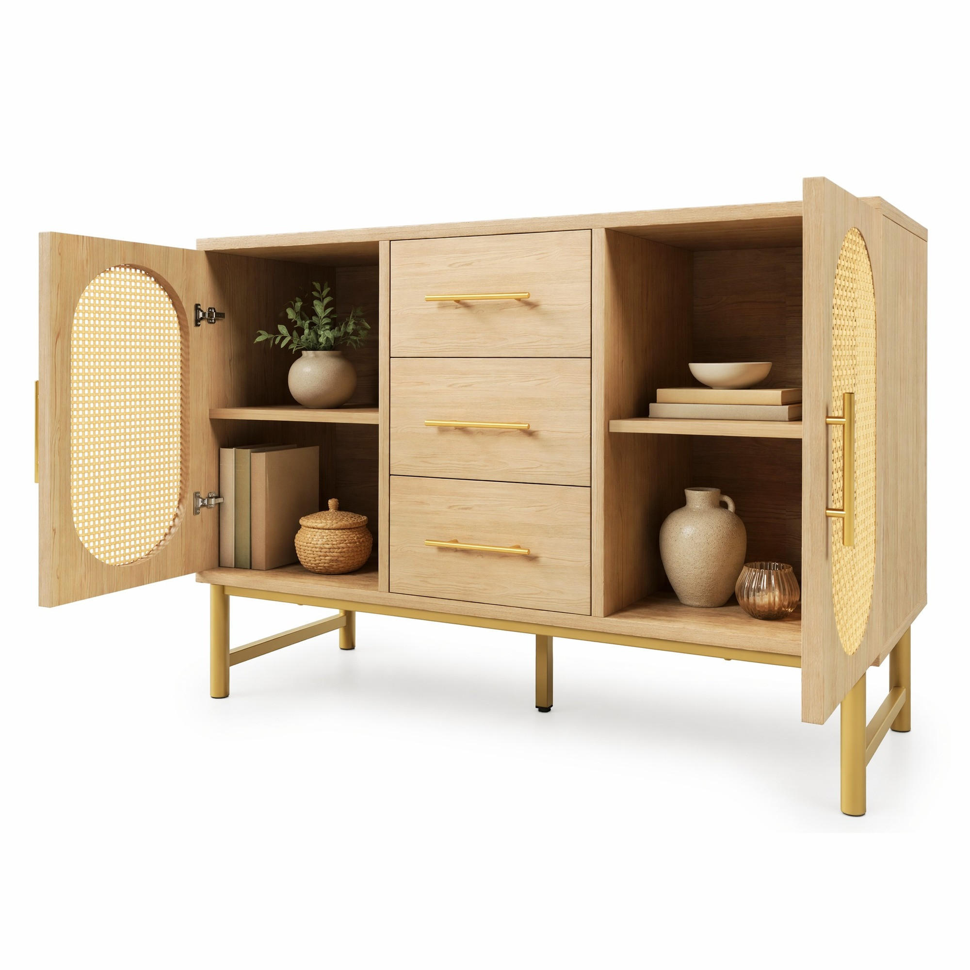 KOMODA dubová, ratanová dvířka, zásuvky, do obývacího pokoje a ložnice, 120×40×74 cm - zlatá/barva dubu, kov/kompozitní dřevo (120/74/40cm) - STILVORA