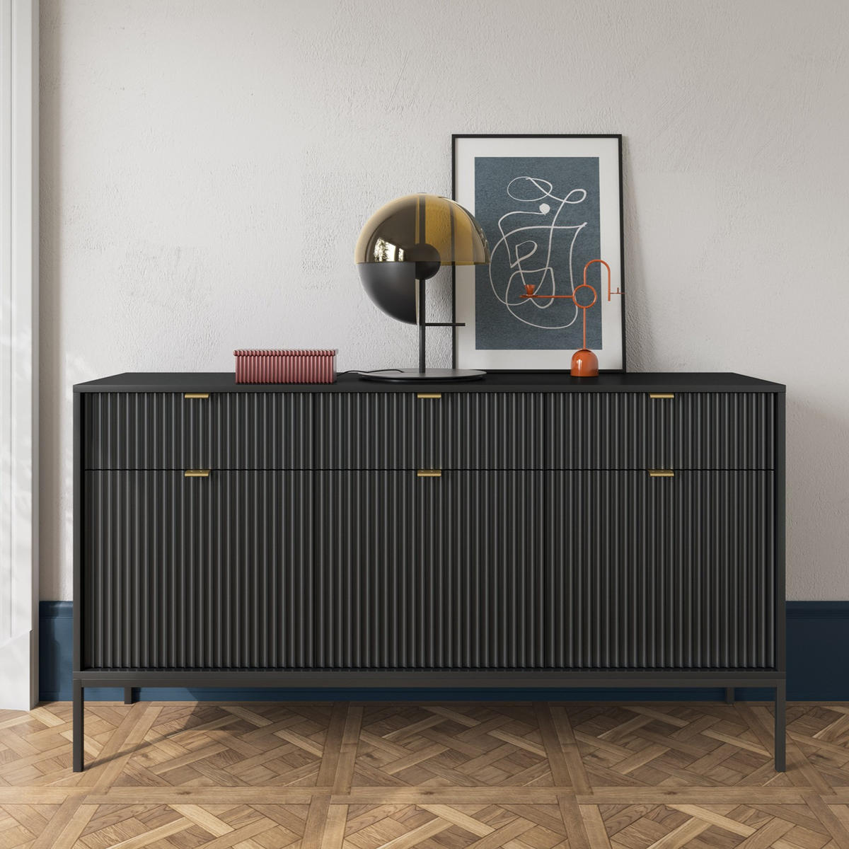 SCHWARZE Moderne Geriffelte Kommode KIOTO K3D3SZ (Schwarzes Gestell, Soft-Close Türen) - Goldfarben/Schwarz, Holz/Holzwerkstoff (154/83/39cm) - Ravio