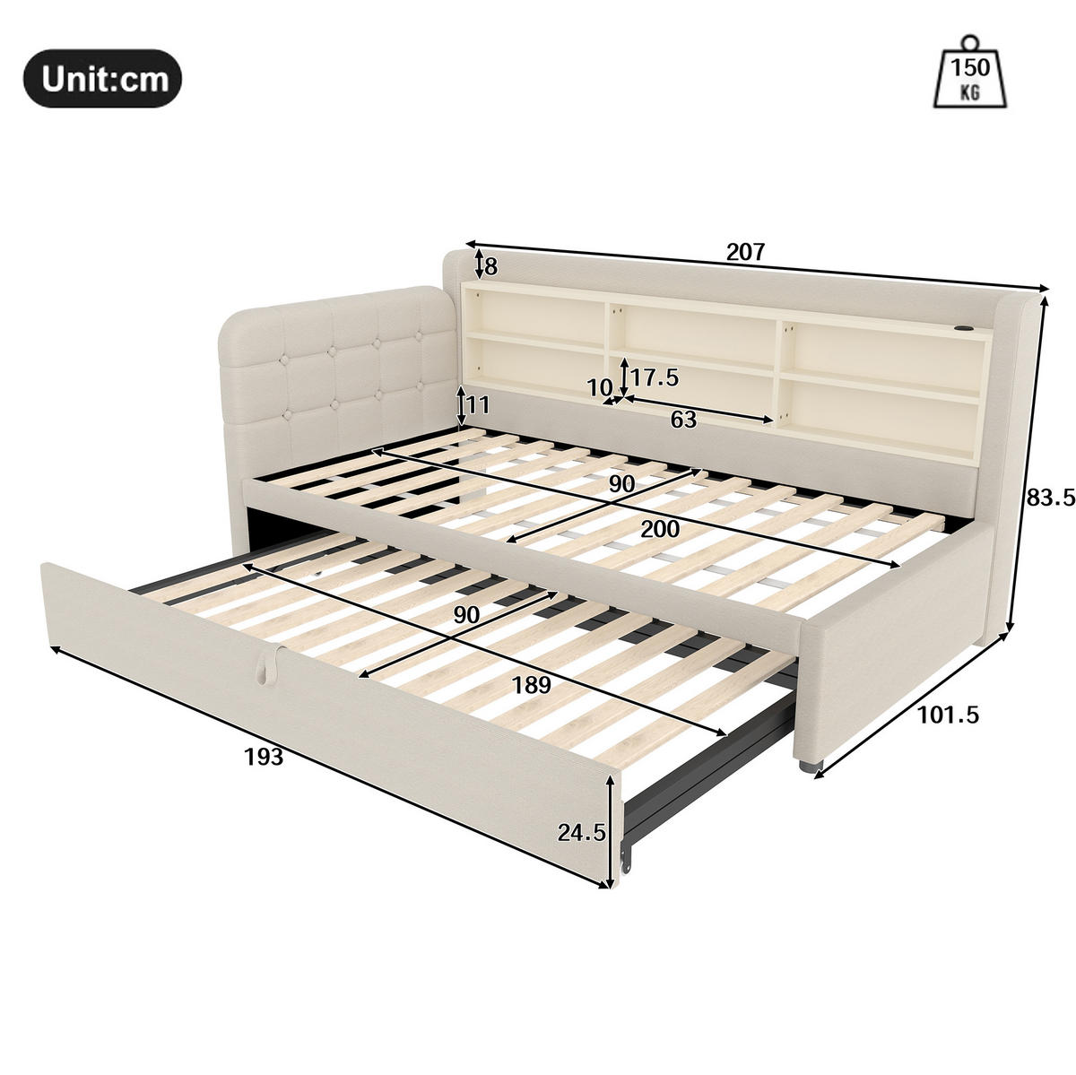 POLSTERBETT 90/200 cm mit Ausziehbett, USB- und USB-C-Anschluss, Ablagefächern und Lattenrost, Beige - Beige, Textil (90/200cm) - Redom