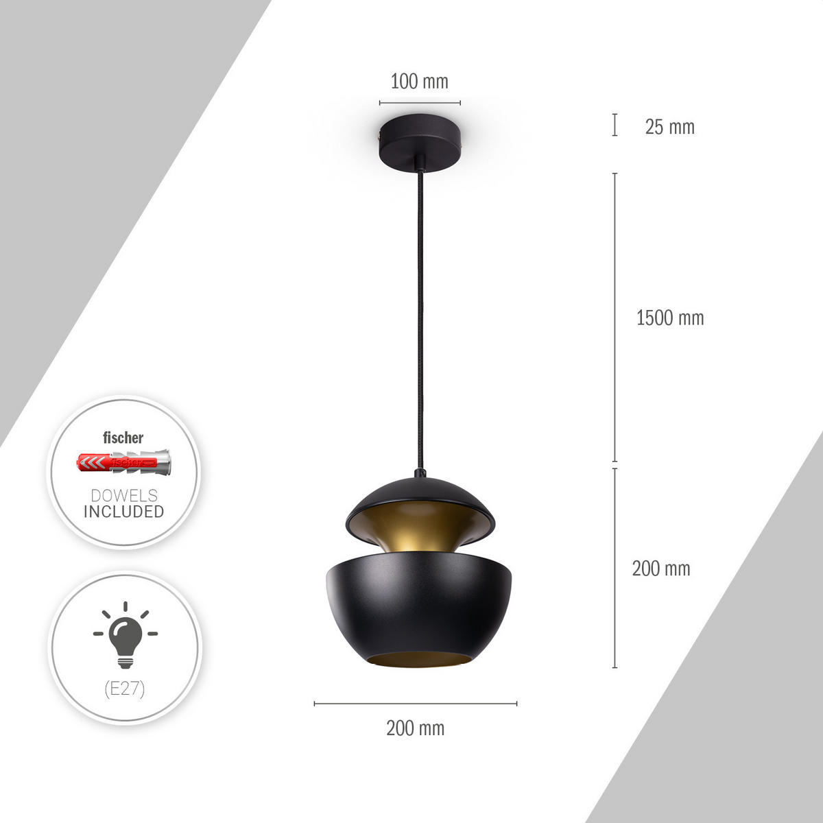 PENDELLEUCHTE Ben - Schwarz, Metall (20/20/20.4cm) - Paco Home