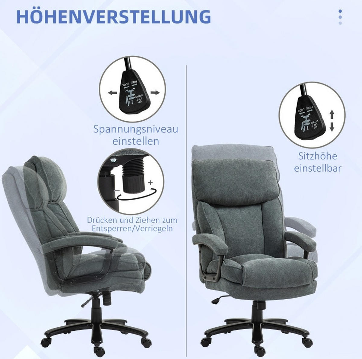 BÜROSTUHL in Grau 79x68,5x125 cm mit Wippfunktion und verstellbarer Sitzhöhe, bis 200 kg - Grau, Textil (68.5/125/79cm) - IVMEU