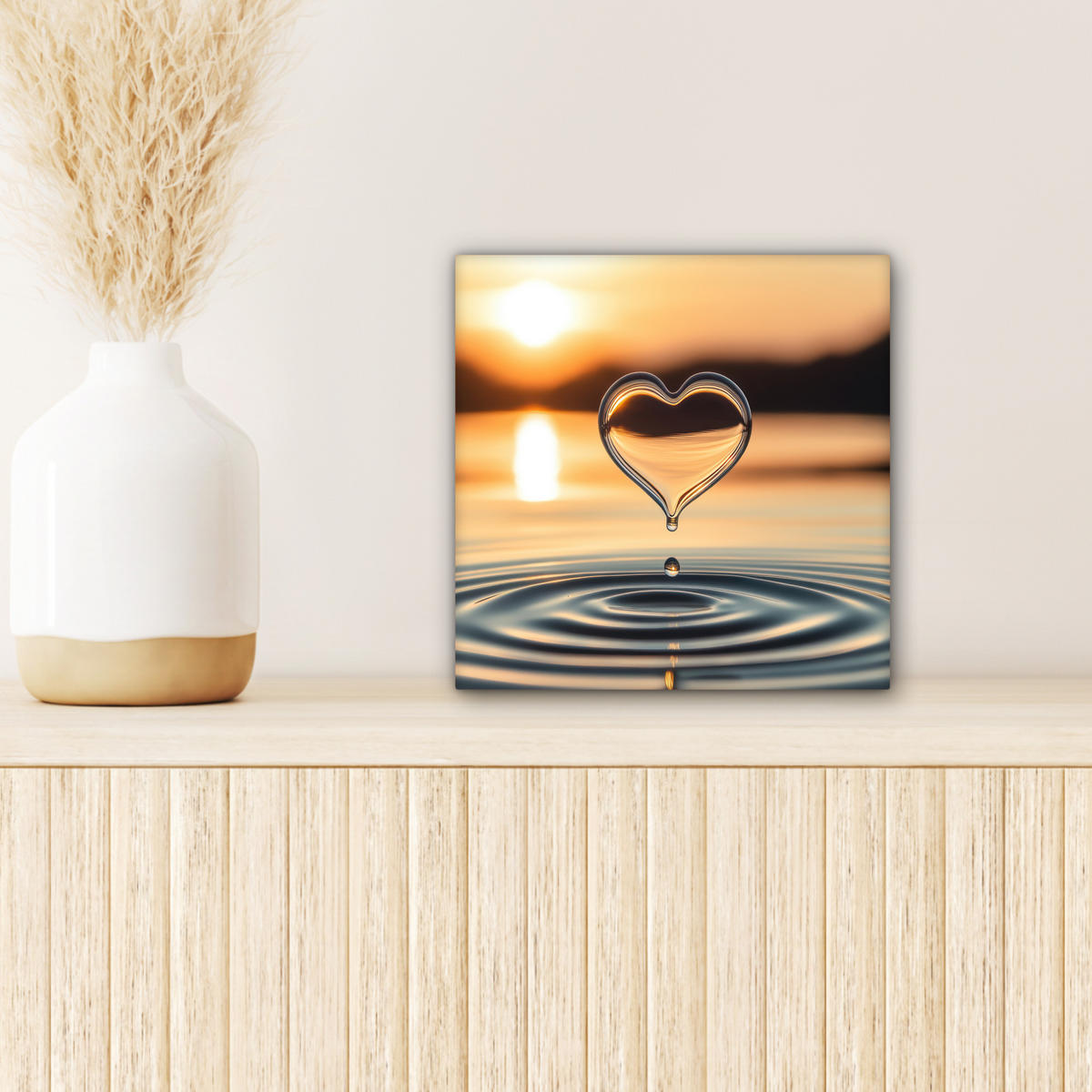 LEINWANDBILD - Herz - Wasser - Sonnenuntergang - Natur - Zen - 20x20 - Wandbilder - Bernsteinfarben, Textil (20/20cm) - MuchoWow