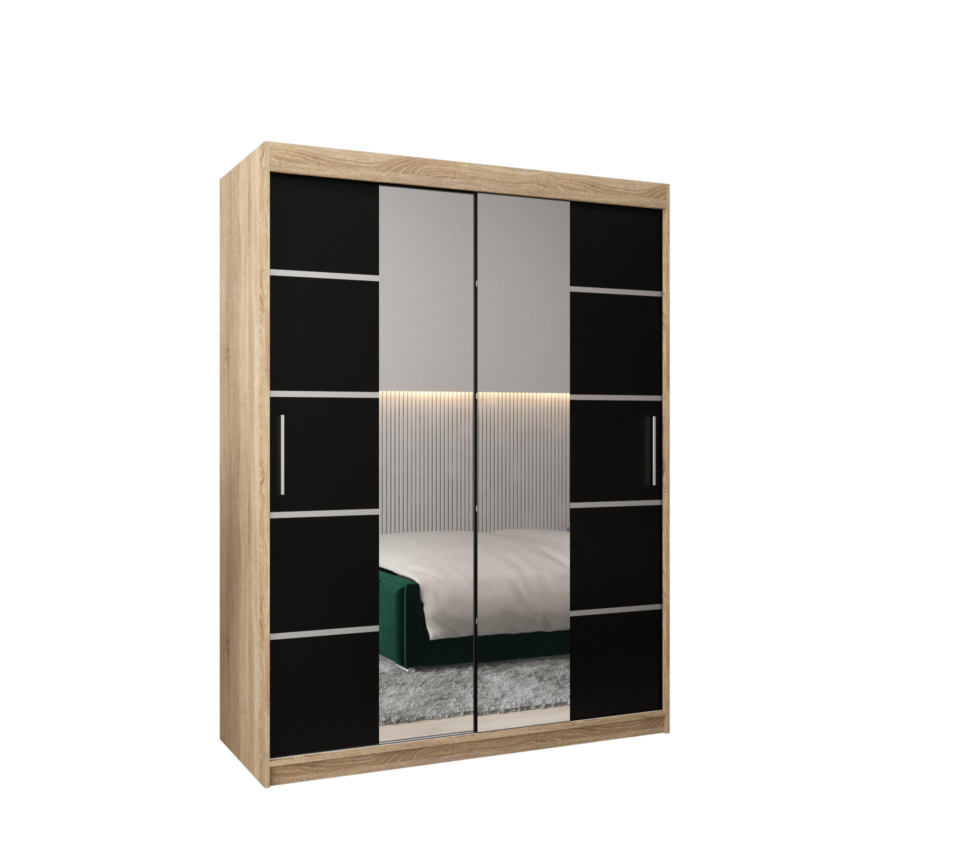 Möbel Kryspol Schwebetürenschrank Sonoma Eiche, Schwarz, Silber 150x200x62 cm