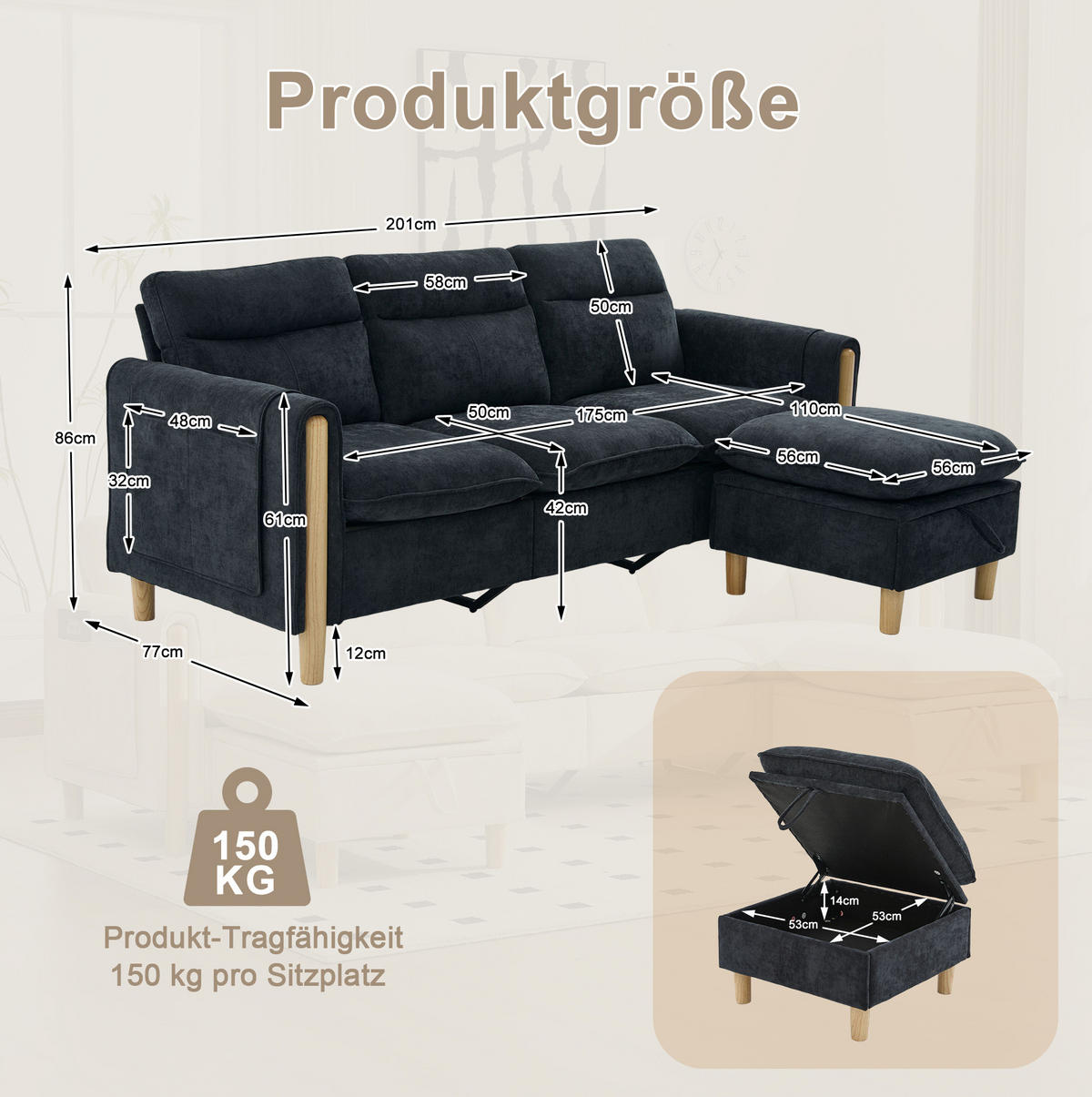 SOFA 201/77/86 cm in Schwarz mit Stauraum und Chenillebezug - Schwarz, Textil (77/86/201cm) - Flora Grace