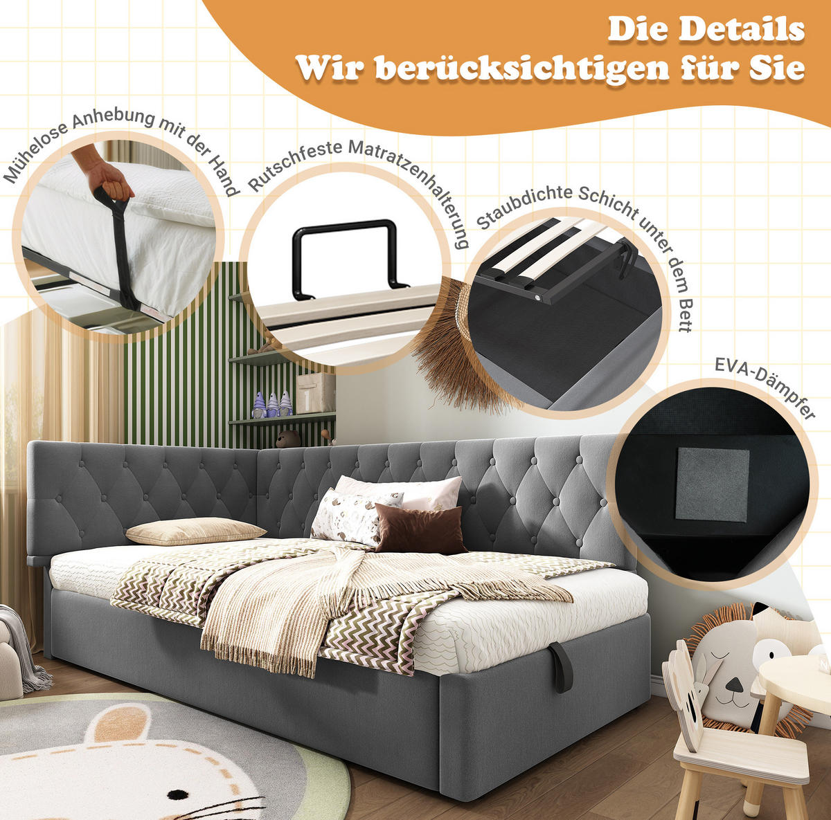 BETT 90/200 cm Grau aus Samt mit Stauraum - Grau, Textil (90/200cm) - OKMYHOME