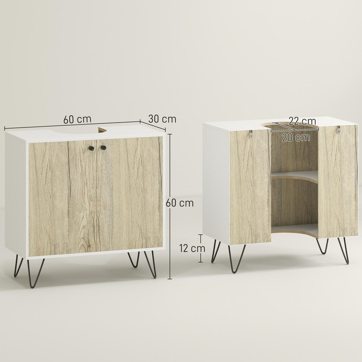 WASCHBECKENUNTERSCHRANK DE-15928 mit 2 Türen und Stahlbeinen Natur - Naturfarben, Holzwerkstoff (60/60/30cm) - ComfortXL