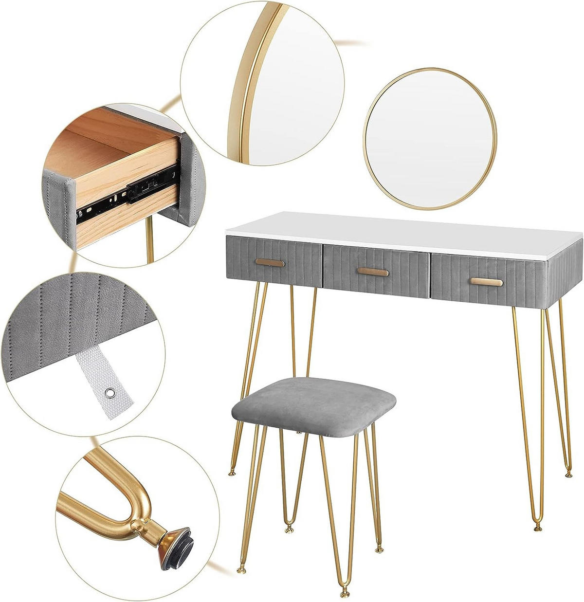 SCHMINKTISCH mit Hocker Spiegel - Goldfarben/Grau, Holzwerkstoff/Metall (100/77.5/40cm) - Woltu