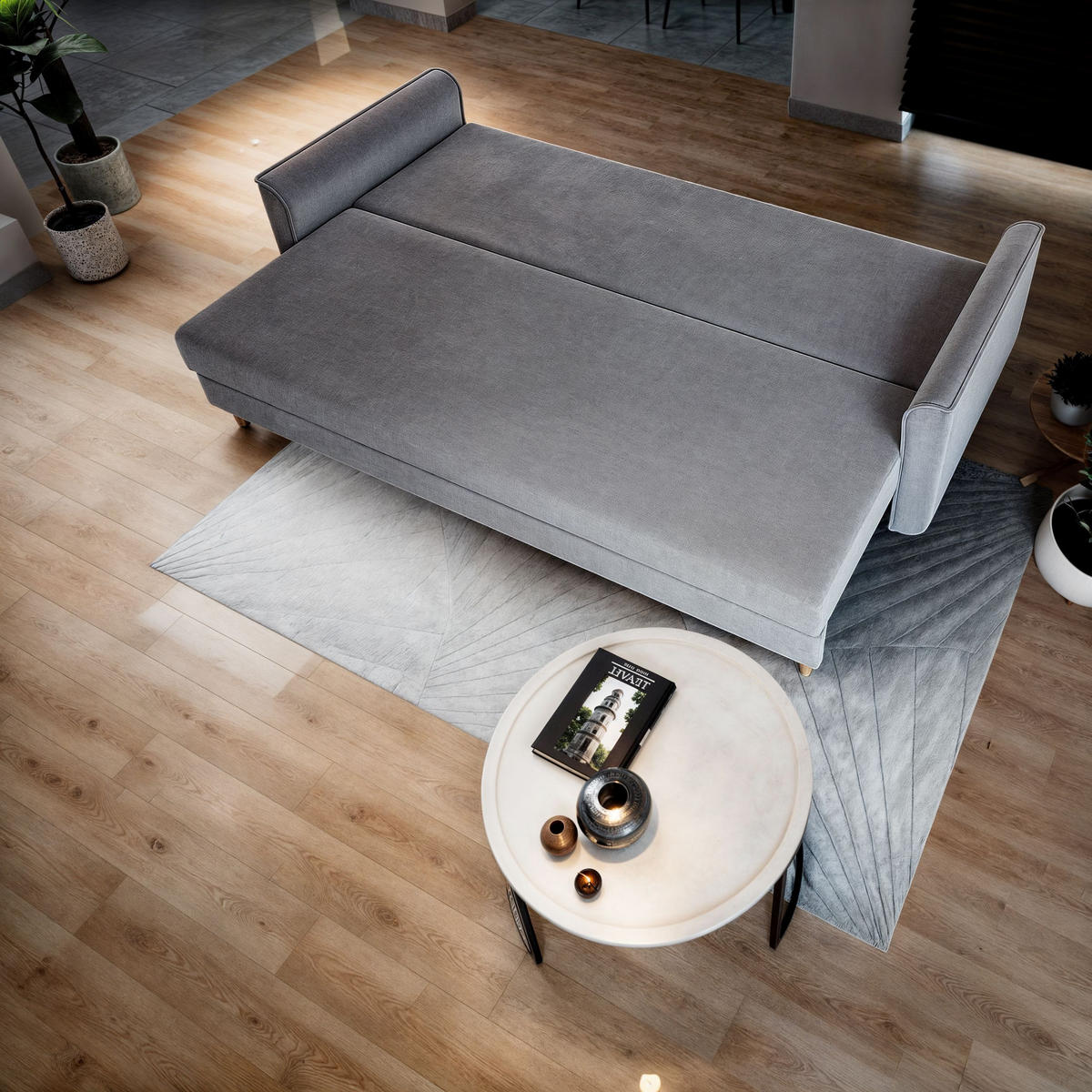 BETTSOFA NAPOL Grau Plüsch-Stoff mit Schlaffunktion - Grau, Textil (220/93/87cm) - MASSENO