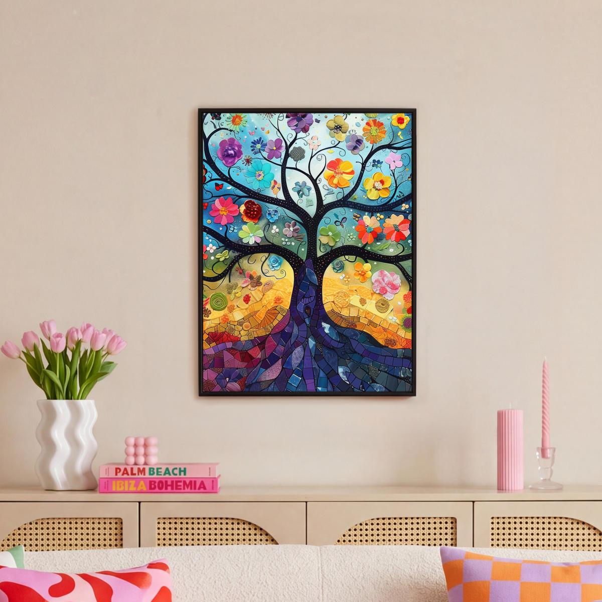 LEINWAND Bilder mit Rahmen - Kunst - Baum des Lebens - Blumen - Hippie - 60x80 - Dunkelblau, Textil (60/80cm) - MuchoWow
