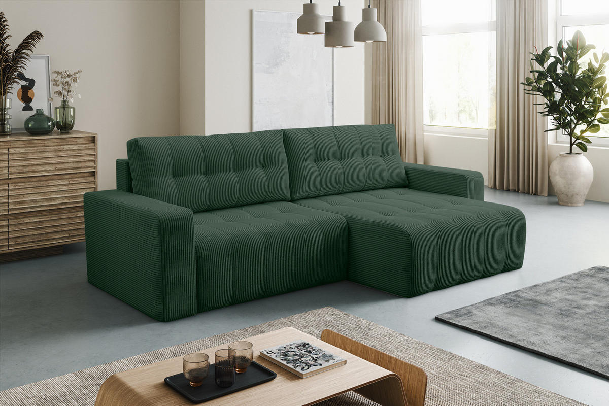 ECKSOFA Palermo mit Schlaffunktion und Bettkasten in Cordstoff - Dunkelgrün/Grün, Holz/Holzwerkstoff (245/143cm) - Ravio