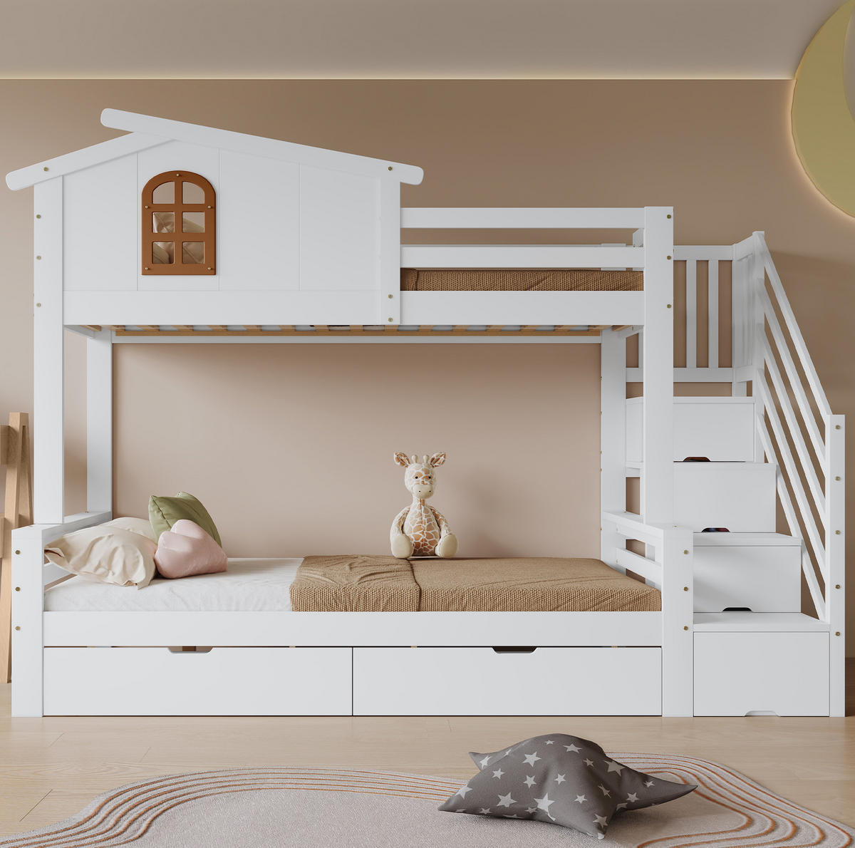 ETAGENBETT 90/200 cm & 120/200 cm mit 2 Schubladen, Eck-Leiterschrank und Fenstern, Weiß/Natur - Weiß, Holzwerkstoff (90/200cm) - Redom