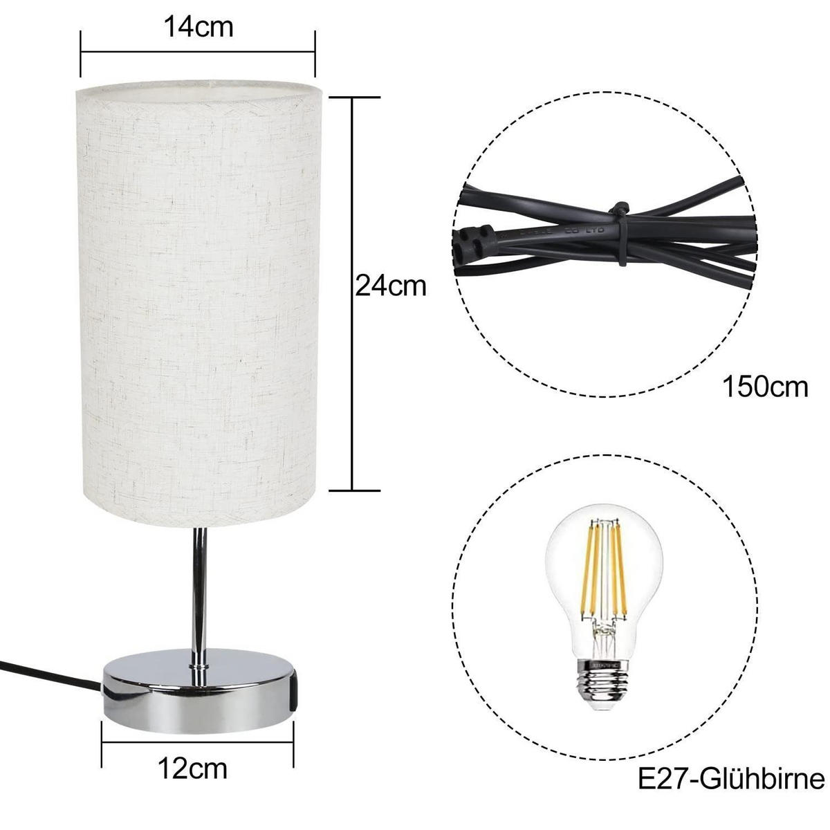 TISCHLEUCHTE Zenit 14/14/37 cm - Silberfarben, Textil (14/14/37cm) - Nettlife