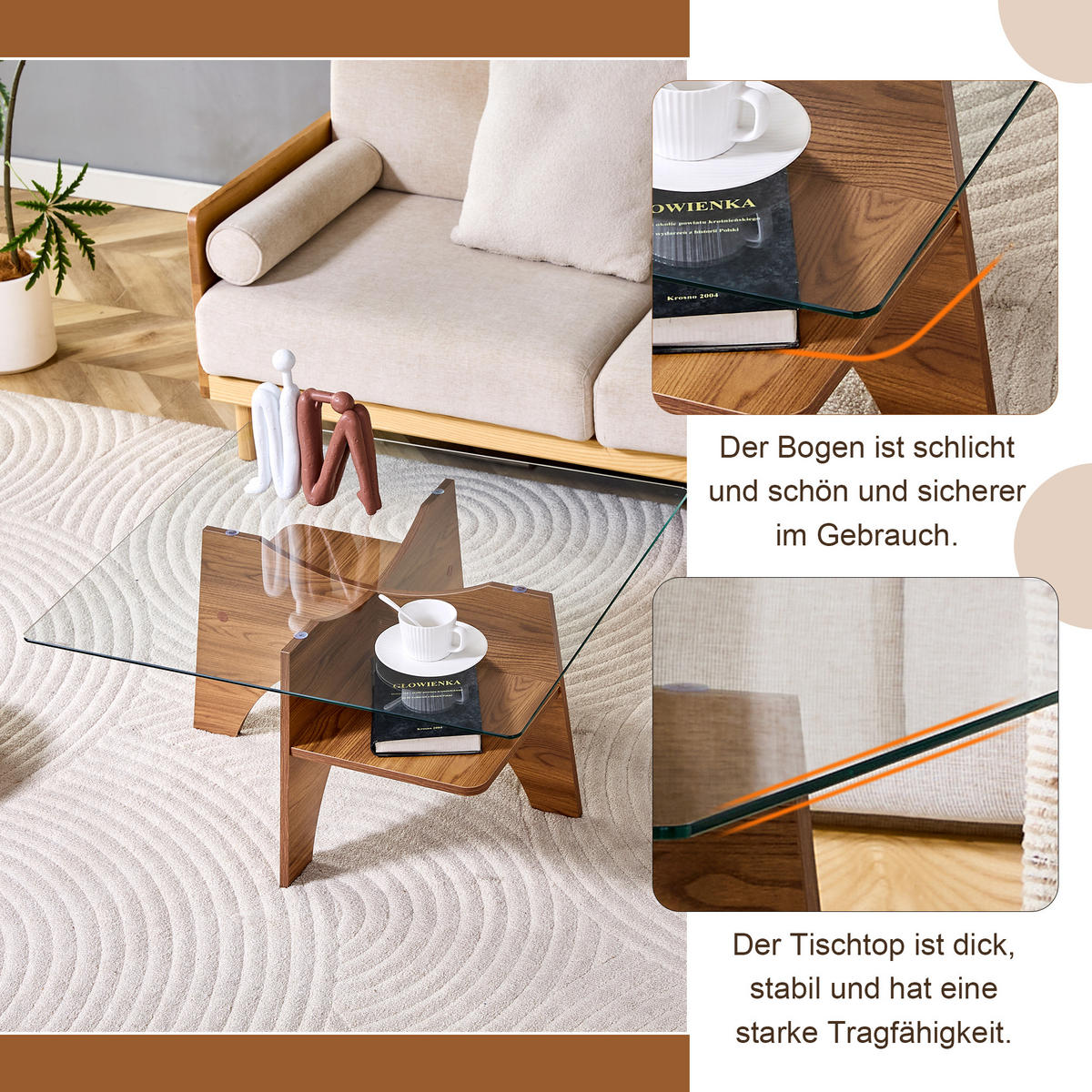 COUCHTISCH 80/80/40 cm Transparent Nussbaum MDF mit Sicherheitsglas und Ablagefach - Walnussfarben, Holzwerkstoff (80/80/40cm) - OKWISH