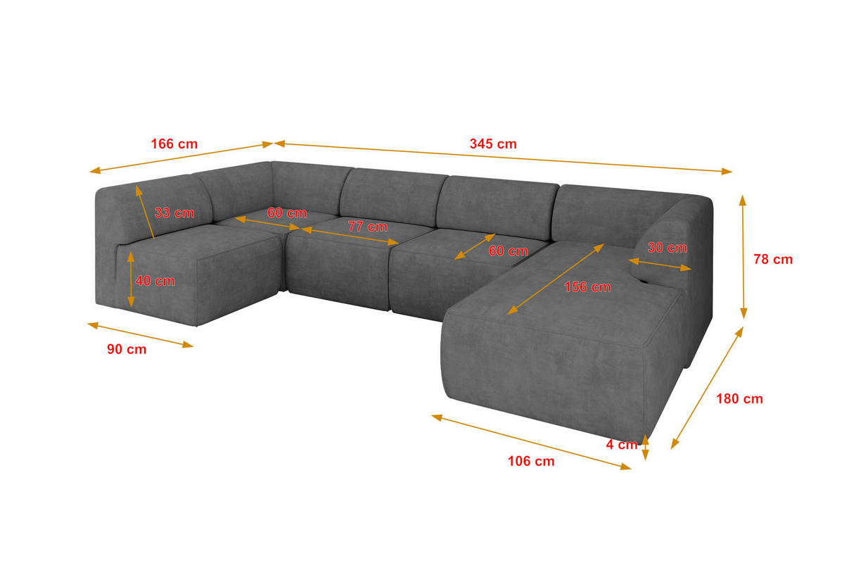WOHNLANDSCHAFT Ottomane Rechts MOVO-L 345x180x78 cm Grau Velours - Taupe, Holzwerkstoff/Kunststoff (180/78/345cm) - ALTDECOR