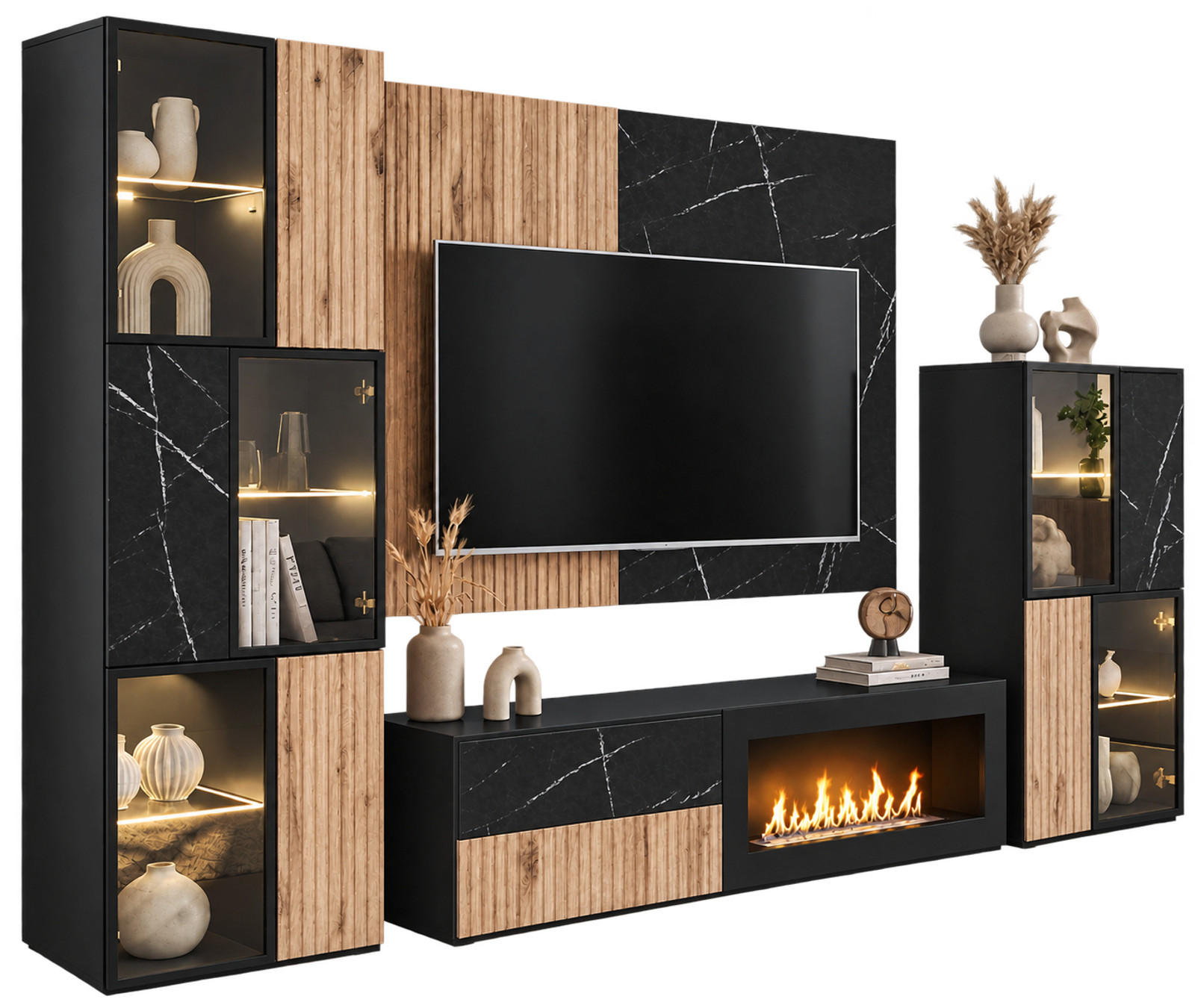 WOHNWAND Eiche, Marmor schwarz 300 cm, Schrankwand inklusive Ethanol Kamin - Eichefarben/Schwarz, Glas/Holzwerkstoff (300/182/45cm) - Inn.Furn