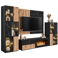 WOHNWAND Eiche, Marmor schwarz 300 cm, Schrankwand inklusive Ethanol Kamin - Eichefarben/Schwarz, Glas/Holzwerkstoff (300/182/45cm) - Inn.Furn