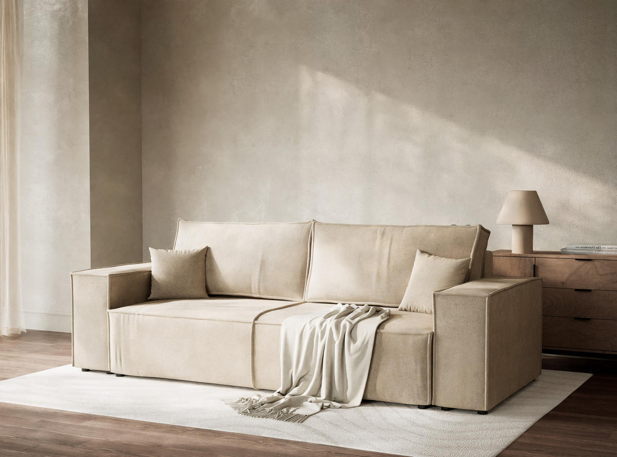 SOFA MIT SCHLAFFUNKTION Milos Beige Webstoff - Beige/Schwarz, Holz/Holzwerkstoff (255/70/105cm) - Maison de Reve