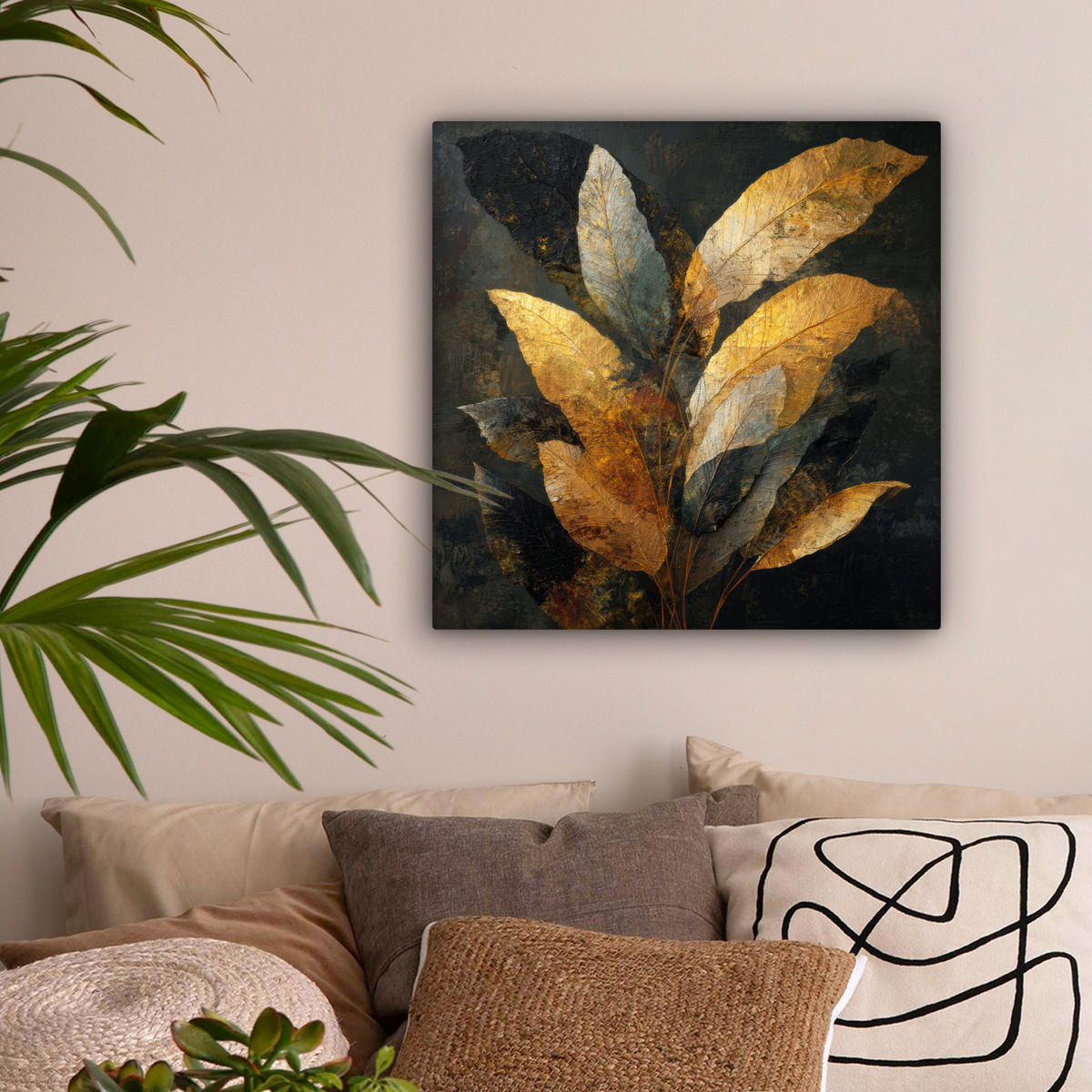 LEINWANDBILD Golden Leaf Komposition - Botanical Luxury Wandbild Wohnzimmer 50x50 cm - Goldfarben/Schwarz, Textil (50/50cm) - MuchoWow