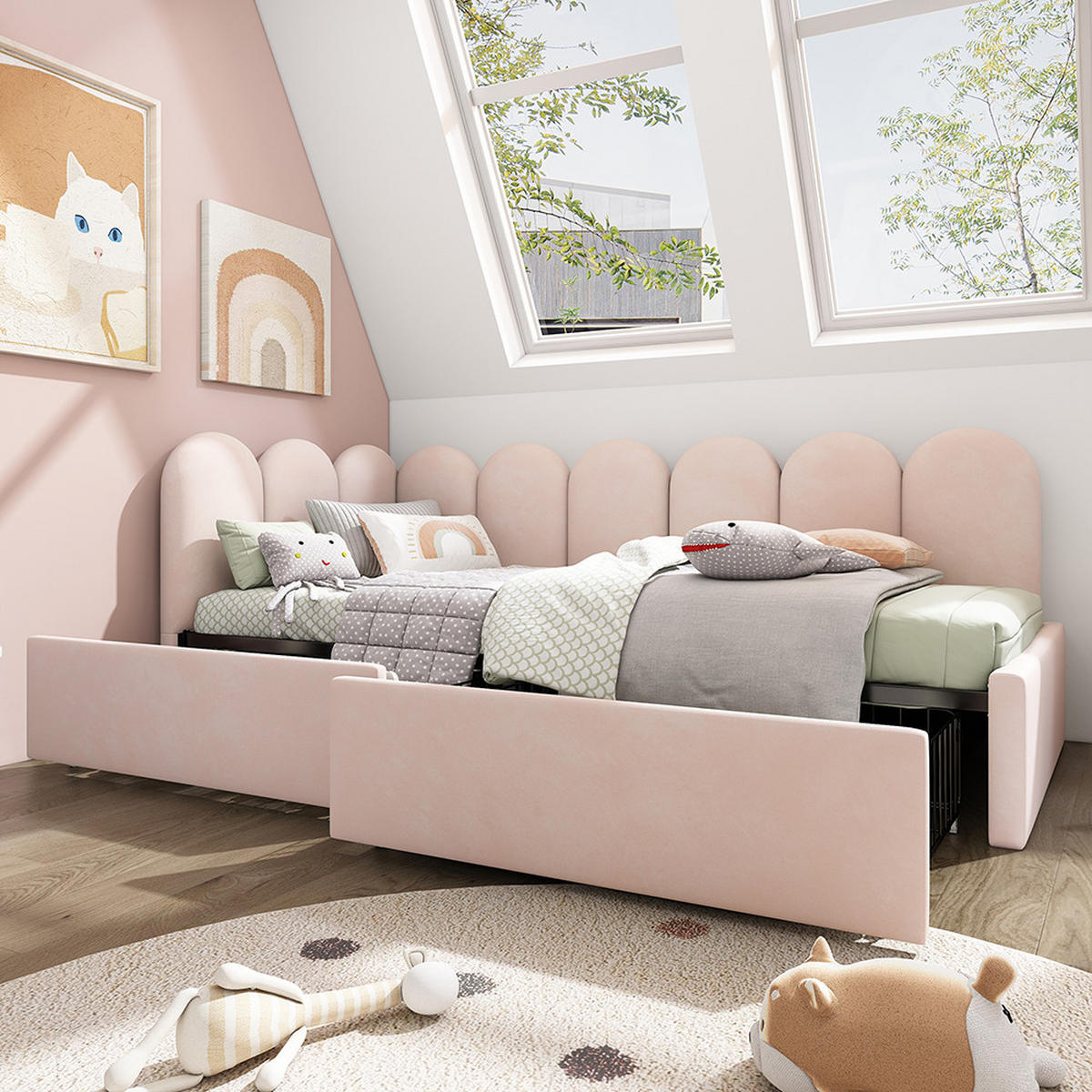 JUGENDBETT 90/190 cm in Rosa Samt - Pink, Holz/Textil (90/190cm) - KOMHTOM