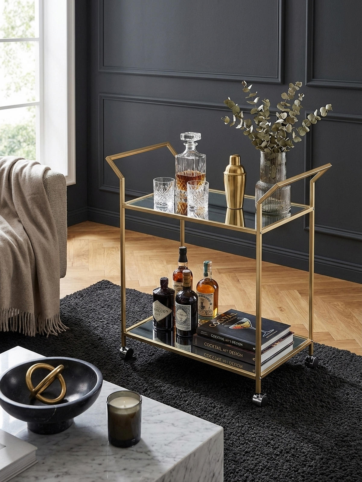 SERVIERWAGEN – Gold, Verspiegelte Ablagen, auf Rollen - Goldfarben, Glas/Metall (73/78/37cm) - KADIMA DESIGN