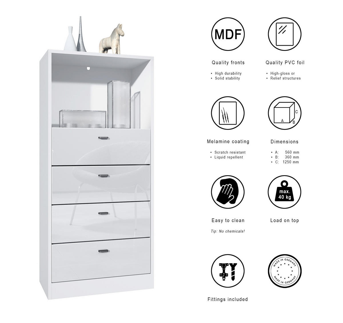 KOMMODE Pino Fronten in Grau Hochglanz - Grau, Holzwerkstoff (56/125/36cm) - Vladon