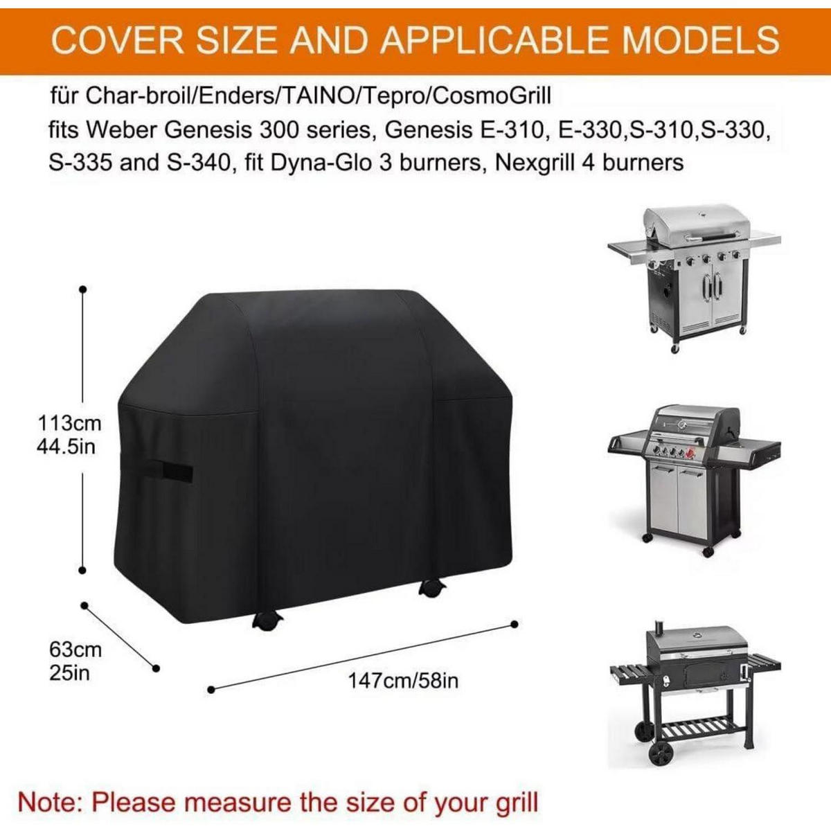 GASGRILL Abdeckung 147 x 63 x 113 cm - Schwarz, Kunststoff (113/63/147cm)