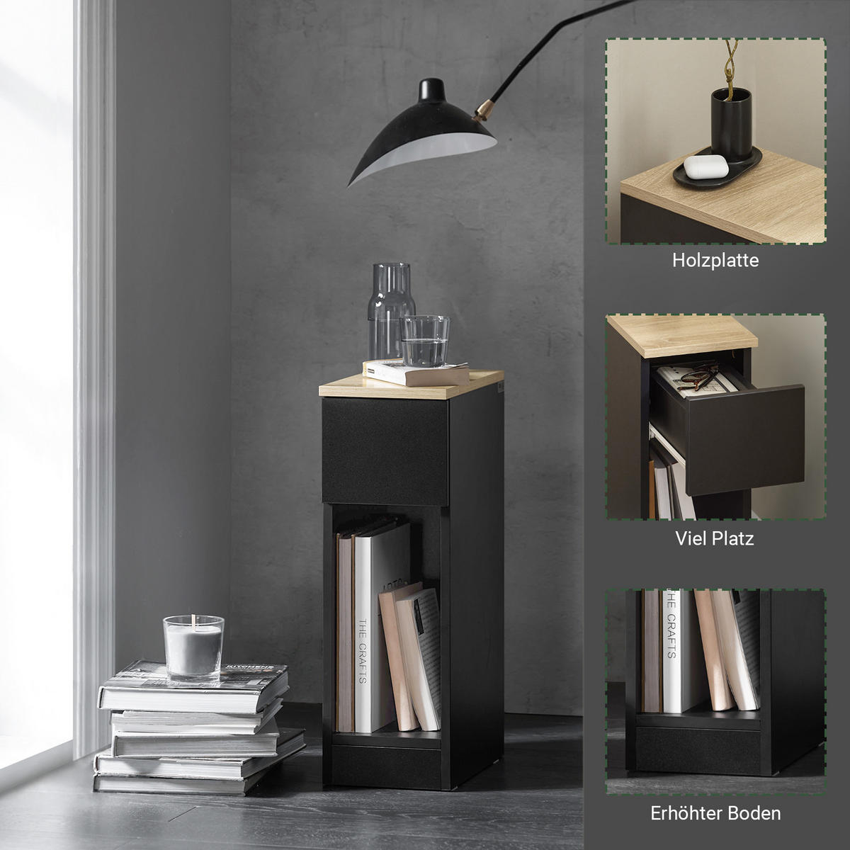 NACHTTISCH 2er Set, Schwarz, 20x60x35cm - Schwarz, Holzwerkstoff (20/60/35cm) - SoBuy
