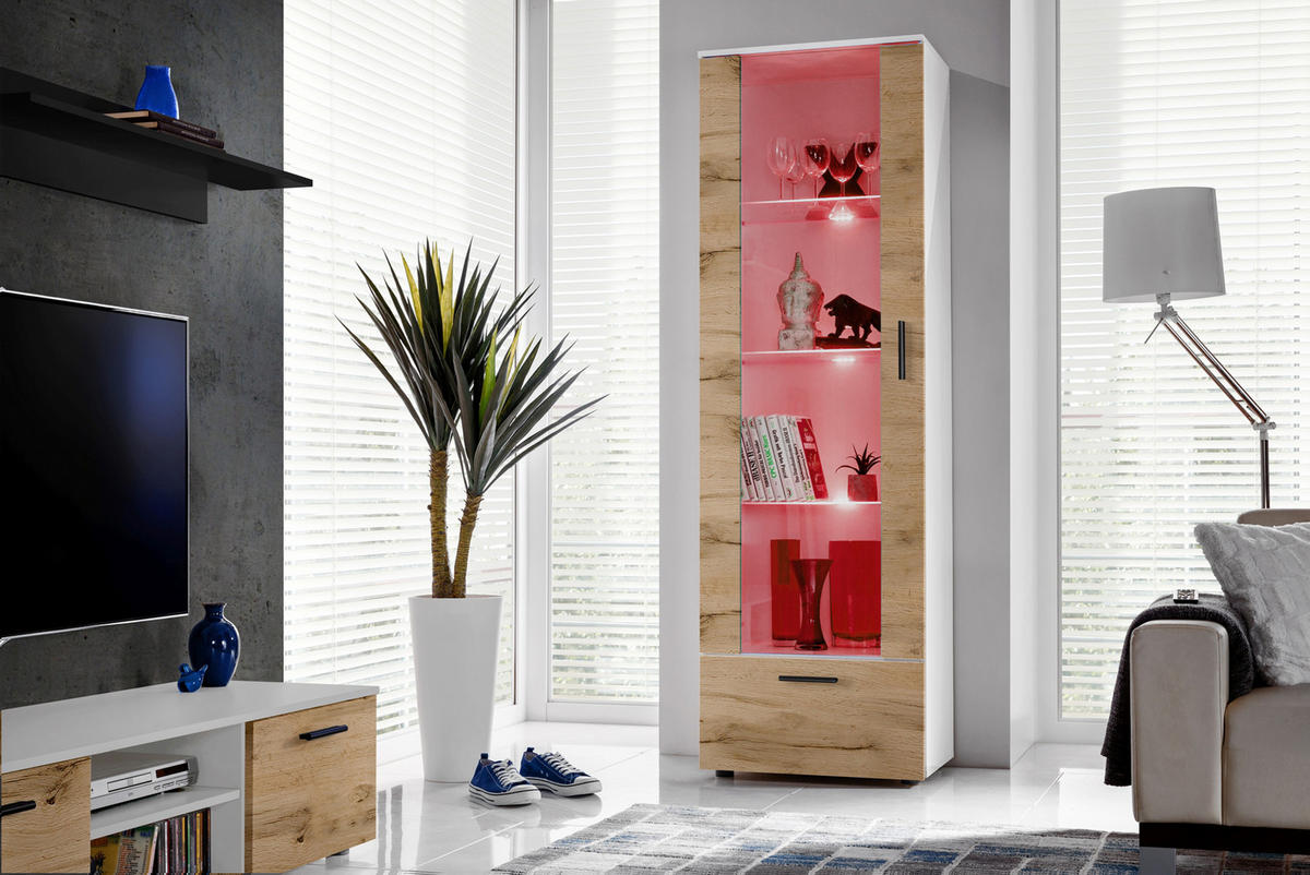 VITRINE ALESSANDRIA, Wotan, LED Mehrfarbige - Eiche Wotan/Schwarz, Glas/Holzwerkstoff (60/192/42cm) - Komodee