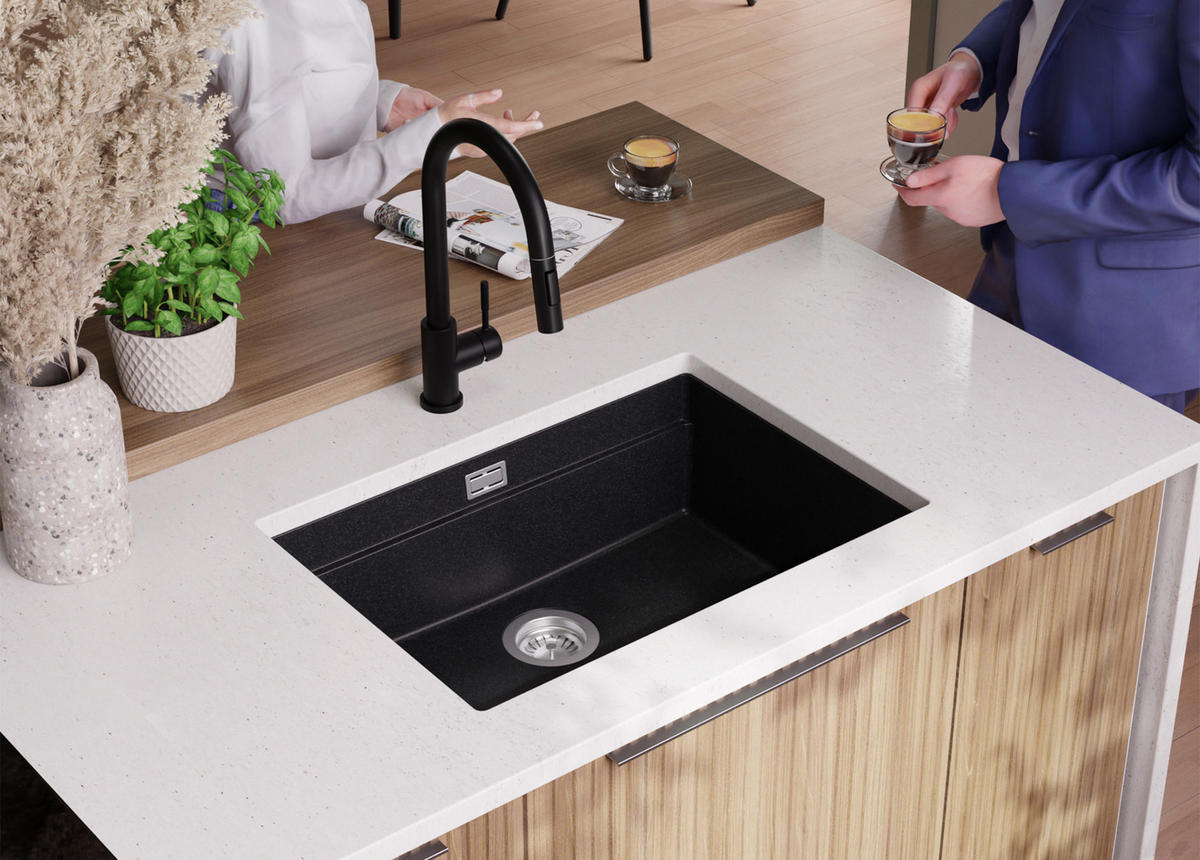 UNTERBAUSPÜLE GRANIT Praga, 2-er set Anthrazit 66/47 cm 1 Becken + Ablauf-Set + Aufrollbare Abtropffläche ab 70er Unterschrank - Chromfarben/Anthrazit, Kunststoff (66/20/47cm) - Primagran