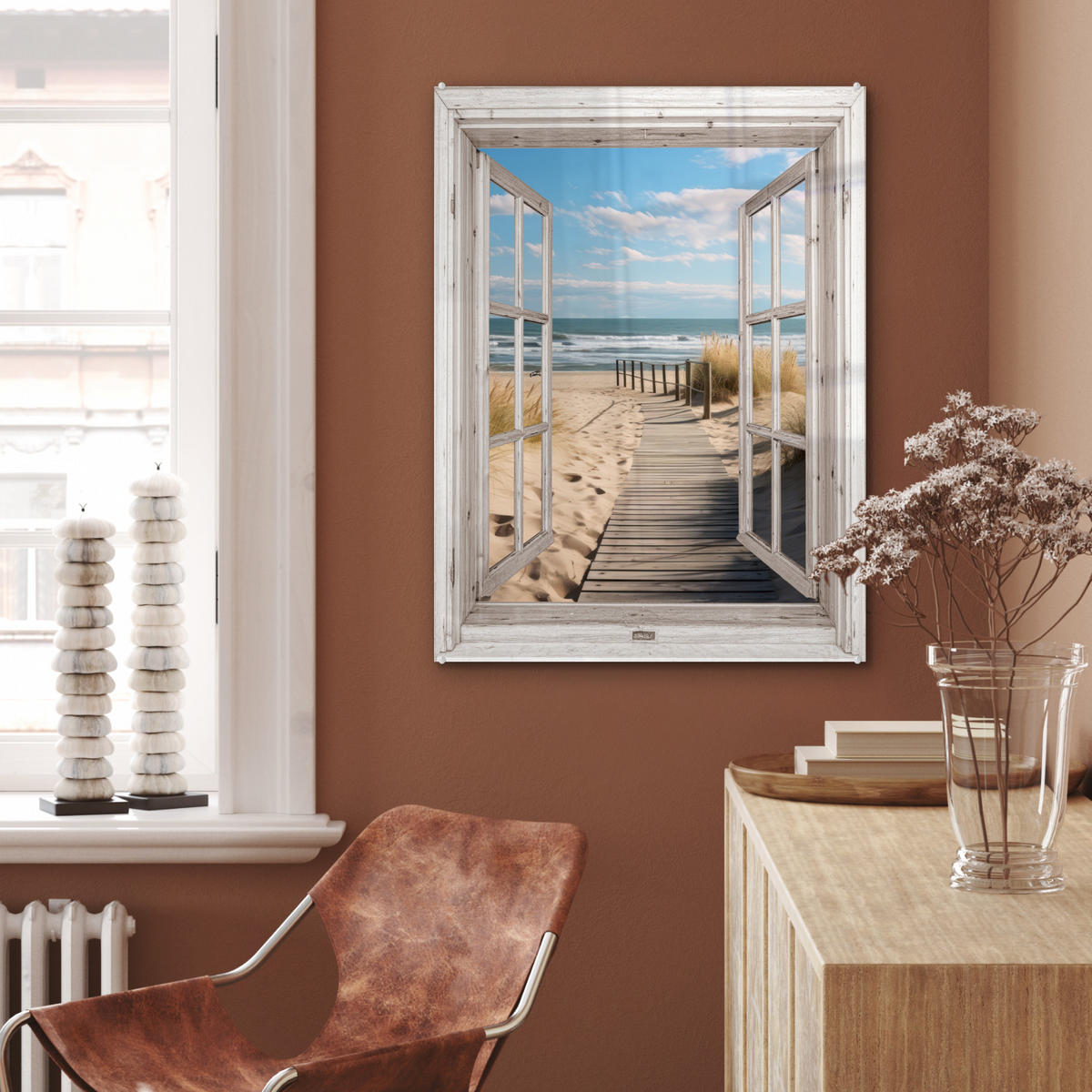 ACRYLGLASBILD Fenster - Meer - Küste - Natur - Ausblick - Strand - Wattenmeer 60x80 cm - Beige, Glas (60/80cm) - MuchoWow