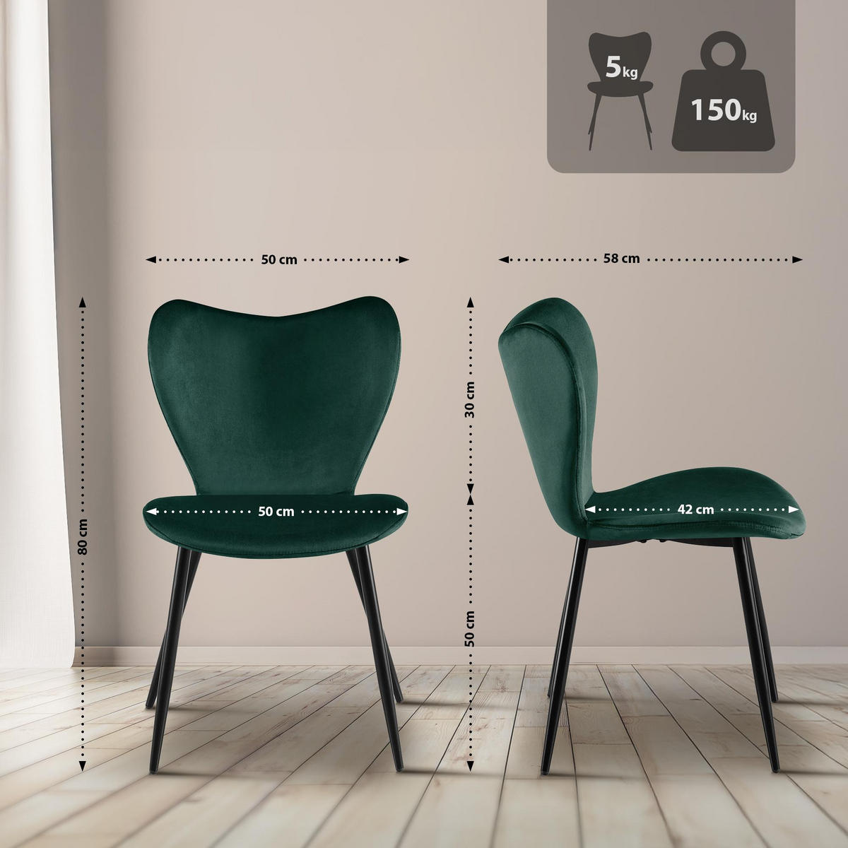 ESSZIMMERSTUHL Samt Grün - Schwarz/Grün, Textil/Metall (50/80/58cm) - CLP