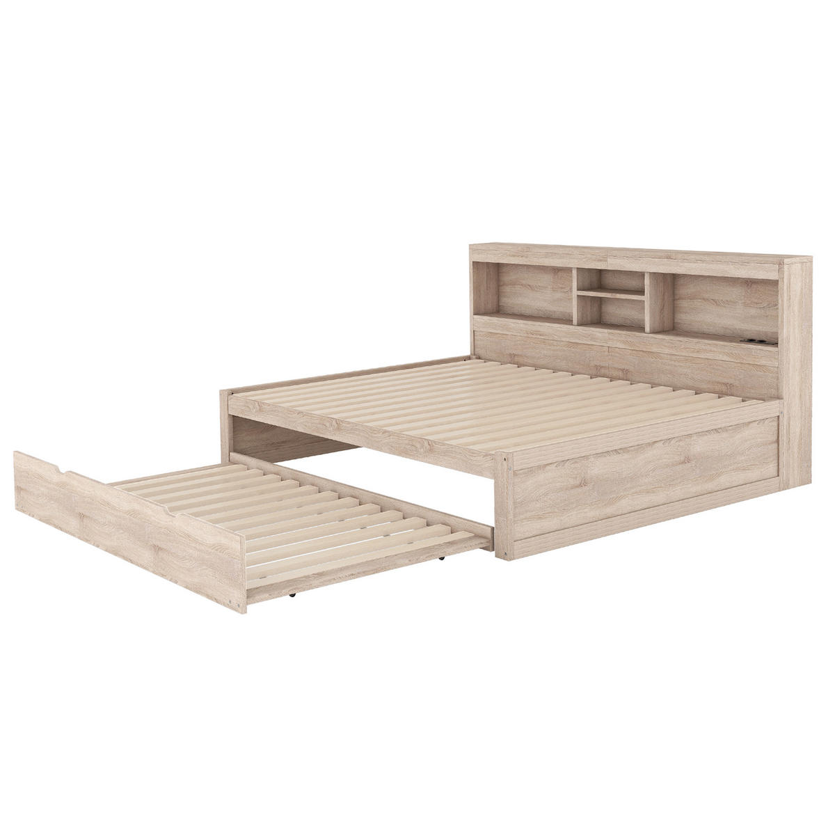 SCHLAFSOFA 140x200cm Natur LED-Licht Bettseite Staufach Ausziehbett USB - Naturfarben, Holz (140/200cm) - FLIEKS