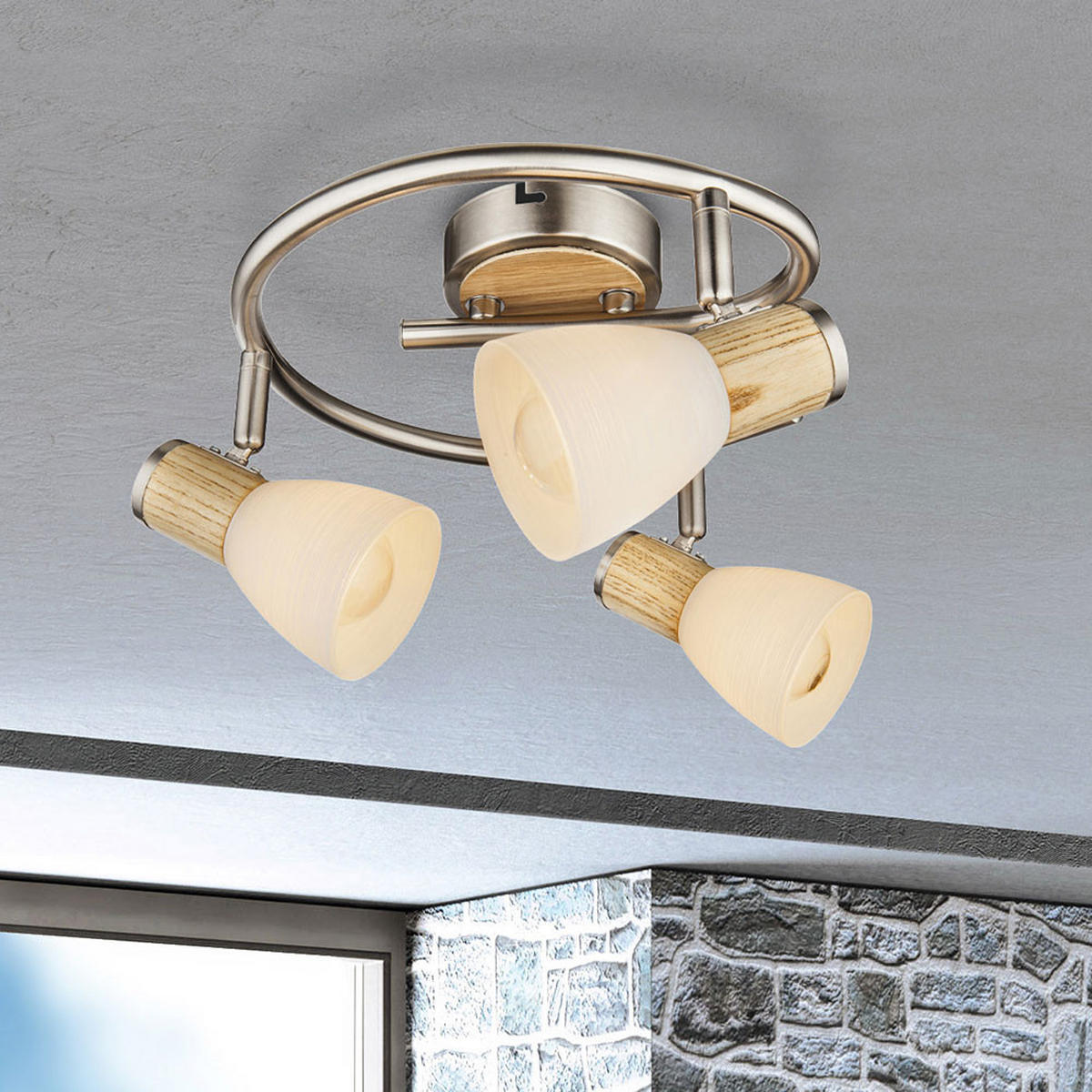 LED DECKENLEUCHTE Metall Silber Holzoptik - Silberfarben, Holz (25/25/15.5cm) - Globo Lighting