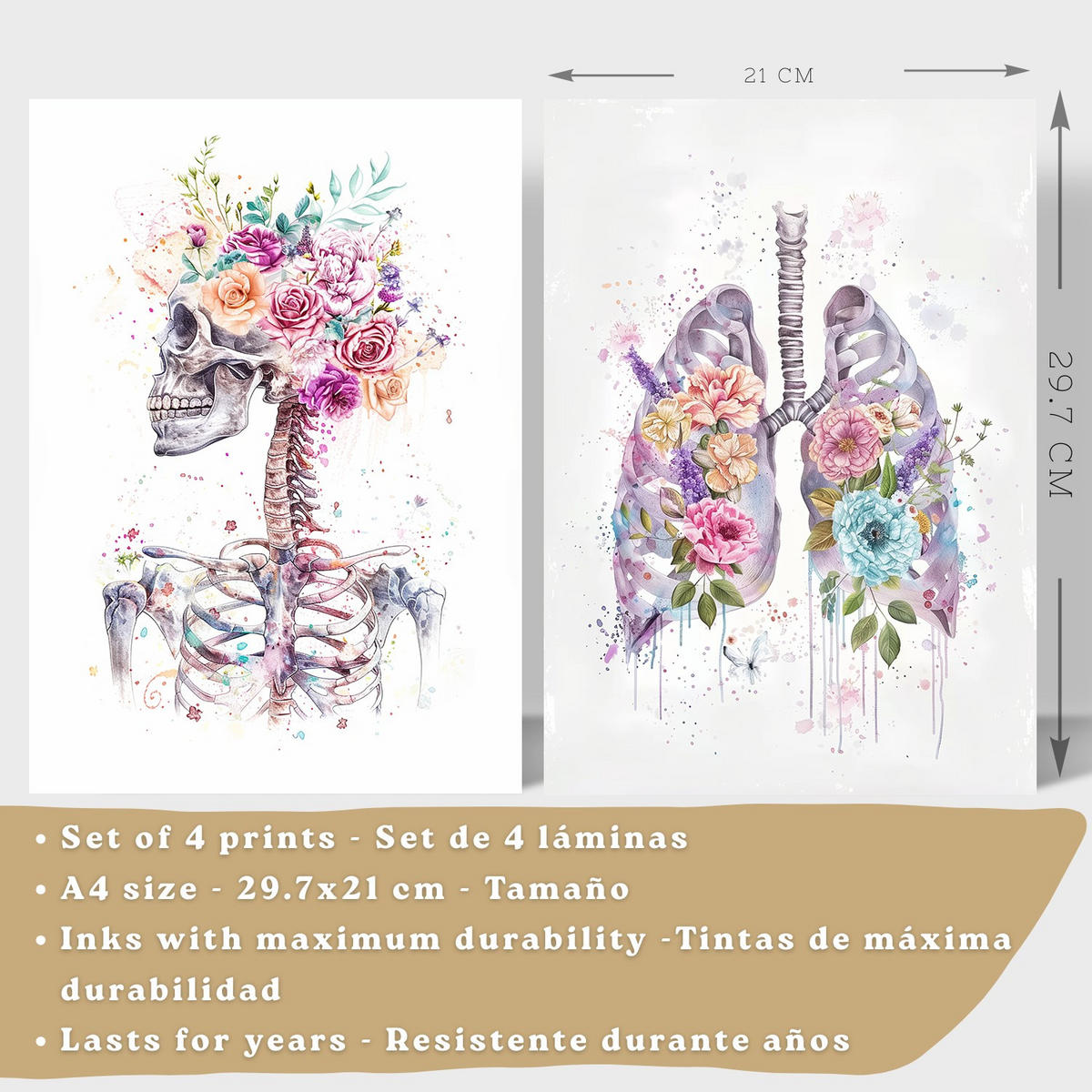 POSTER Set aus 4 Anatomie Mensch Drucke und Wandbilder mit Schädel Lungen Verdauungssystem und Gehirn Florales Aquarell Design Größe Rahmenlos A4 - Klar, Papier (21/29.7/3cm) - Nacnic