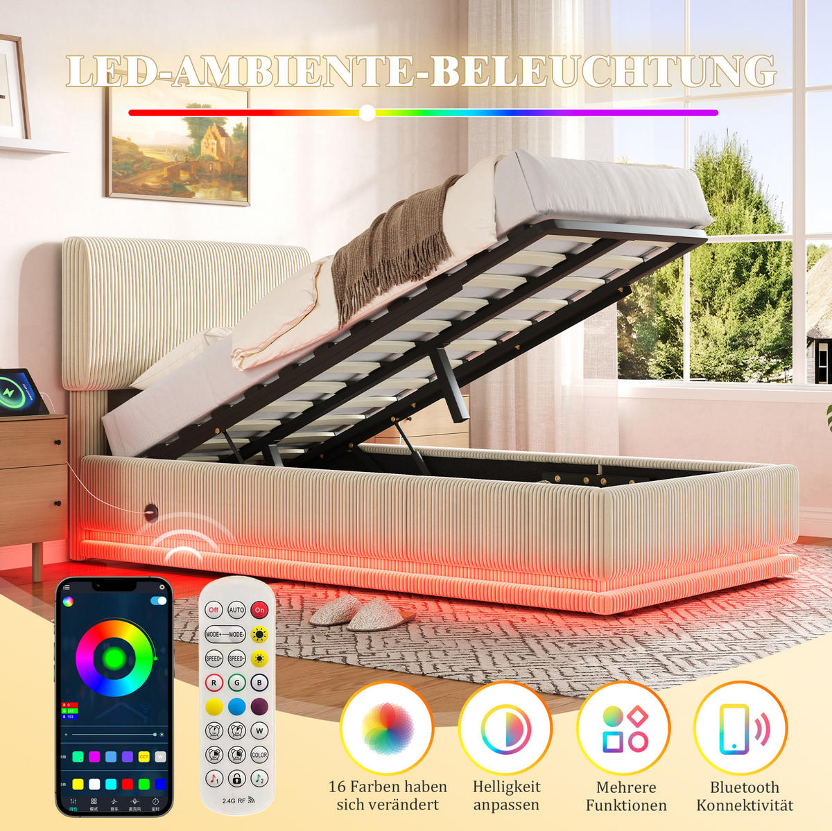 POLSTERBETT mit LED und USB-C 90x200 cm Cord Beige - Beige, Metall (90/200cm) - Meubliv