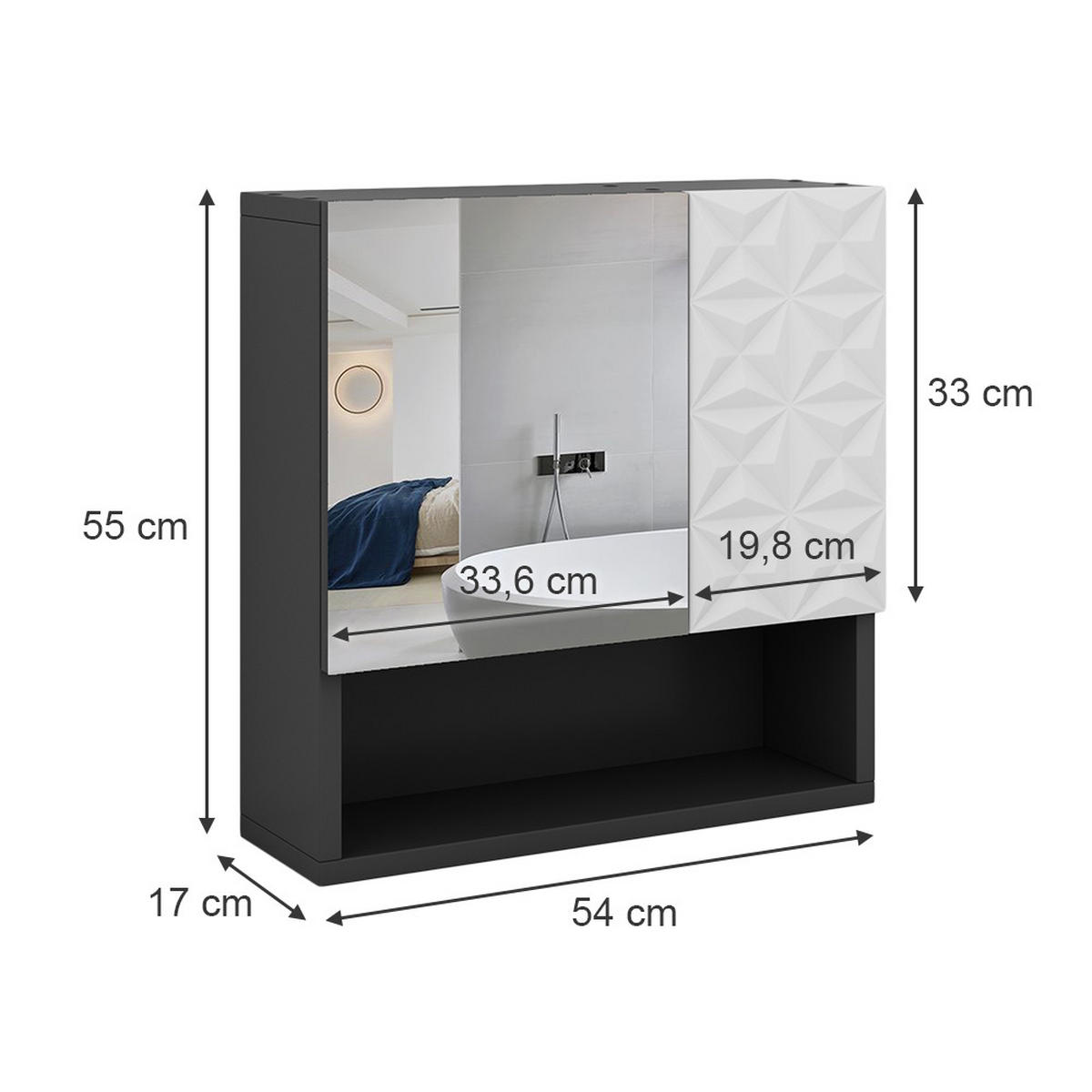 BADSPIEGELSCHRANK Edge Schwarz 54 x 55 cm mit Tür und offenen Fächern - Schwarz, Holzwerkstoff (54/55/17cm) - Vicco